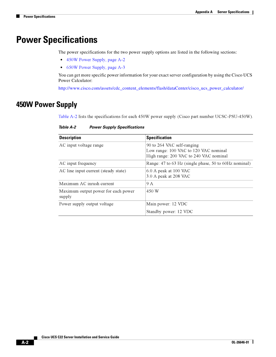 Cisco Systems OL-26646-01 manual Power Specifications, 450W Power Supply 