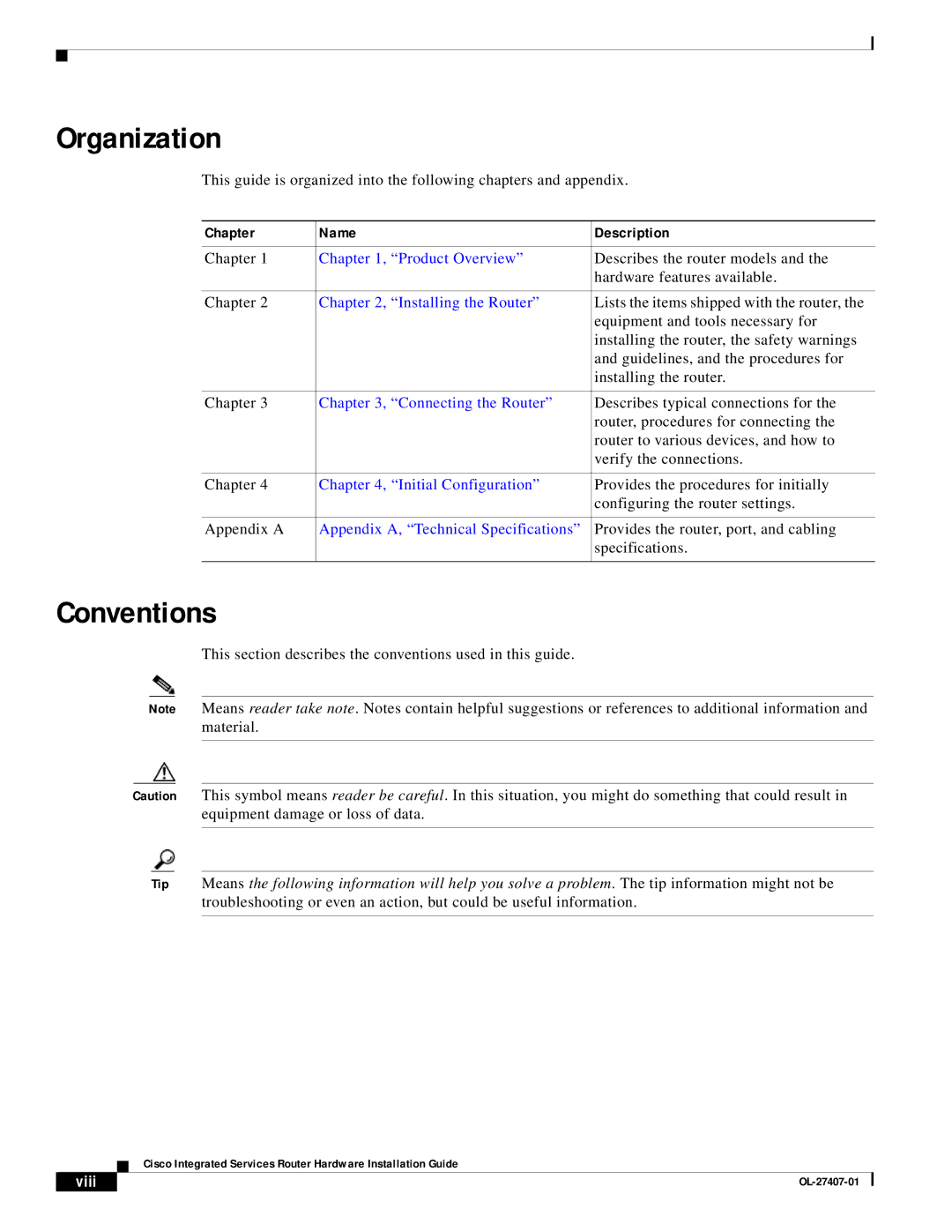 Cisco Systems OL-27407-01 manual Chapter Name Description 