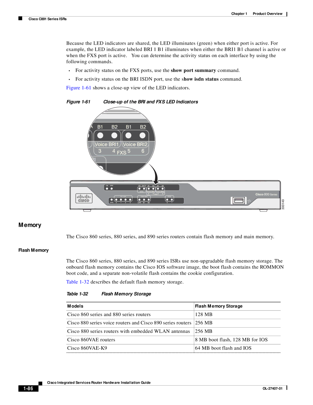 Cisco Systems OL-27407-01 manual Models Flash Memory Storage 