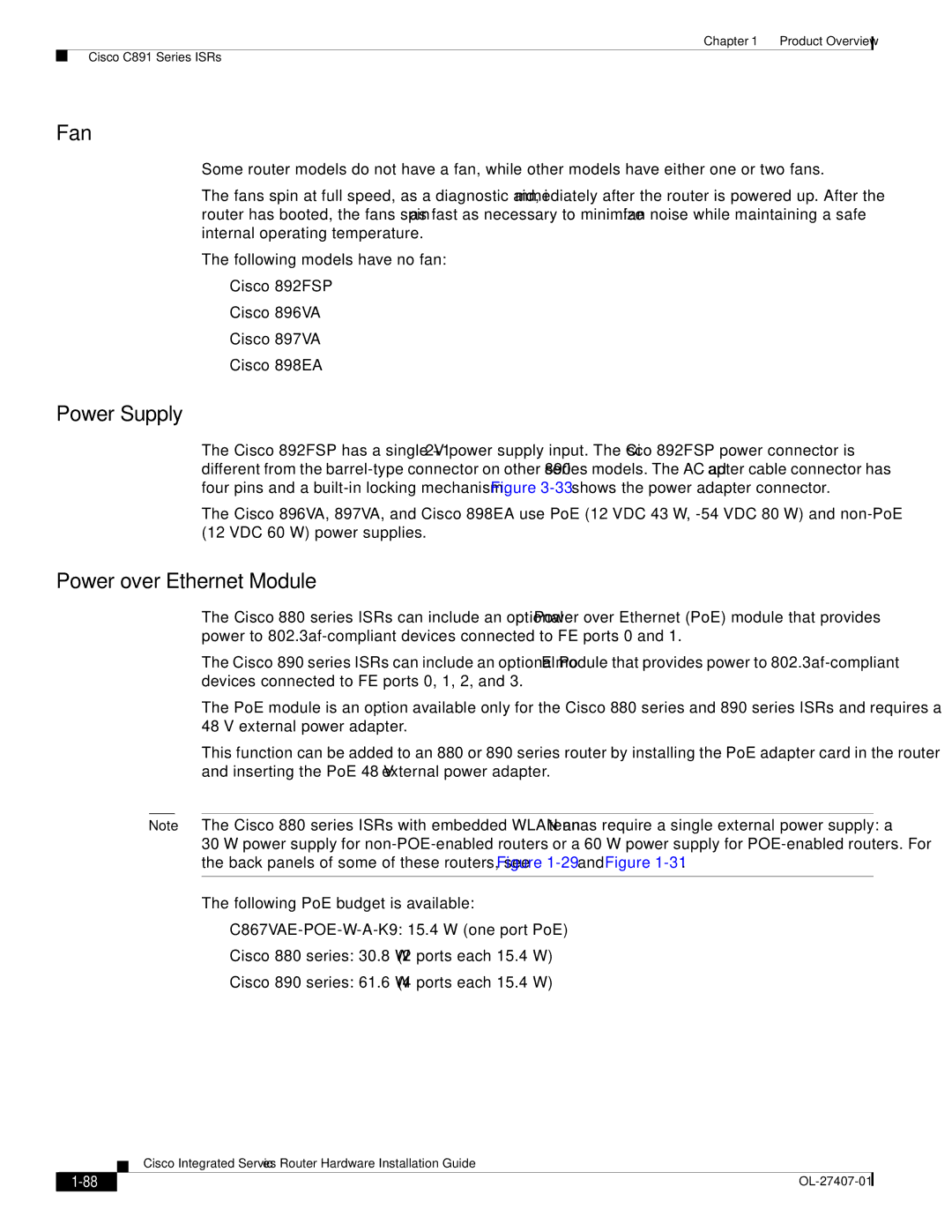 Cisco Systems OL-27407-01 manual Fan, Power Supply, Power over Ethernet Module 