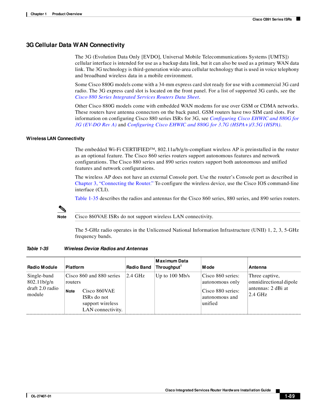 Cisco Systems OL-27407-01 3G Cellular Data WAN Connectivity, Wireless LAN Connectivity, Maximum Data Radio Module Platform 