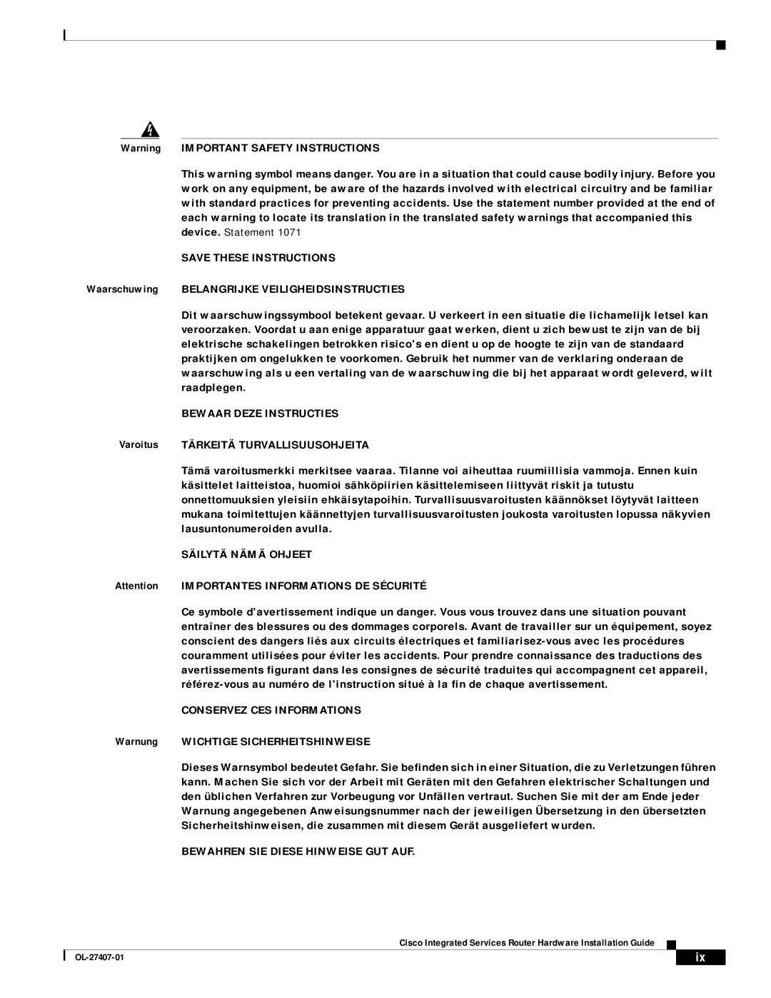 Cisco Systems OL-27407-01 manual Bewaar Deze Instructies, Warnung Wichtige Sicherheitshinweise 