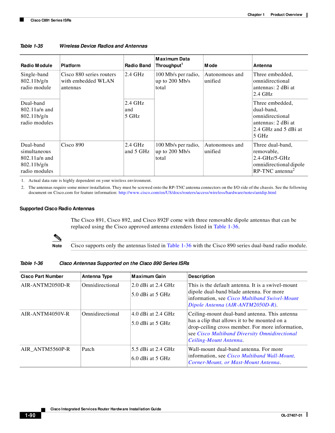 Cisco Systems OL-27407-01 manual Supported Cisco Radio Antennas, Throughput1 Mode Antenna, AIR-ANTM4050V-R, AIRANTM5560P-R 