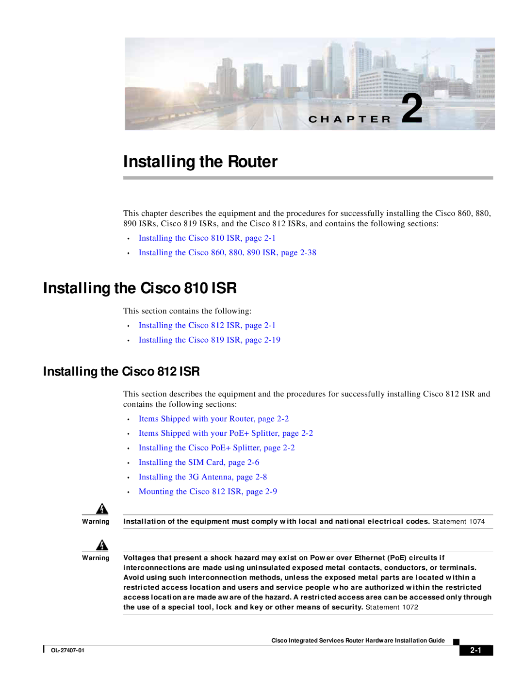 Cisco Systems OL-27407-01 manual Installing the Router, Installing the Cisco 812 ISR 