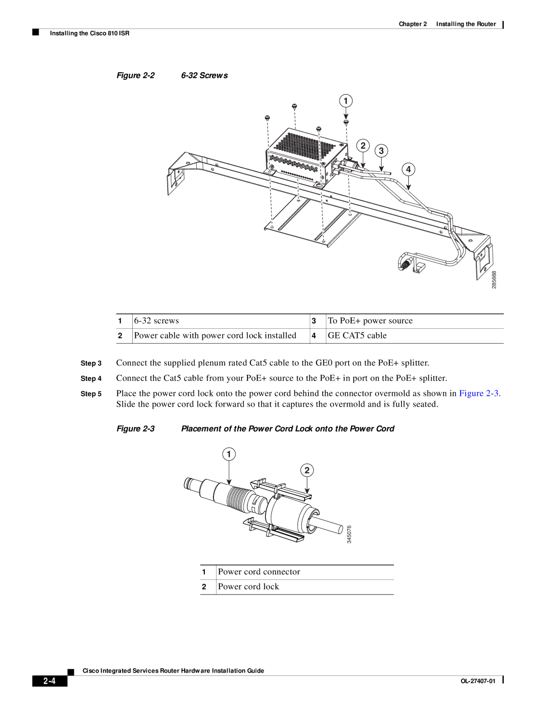 Cisco Systems OL-27407-01 manual Power cord connector Power cord lock, Placement of the Power Cord Lock onto the Power Cord 