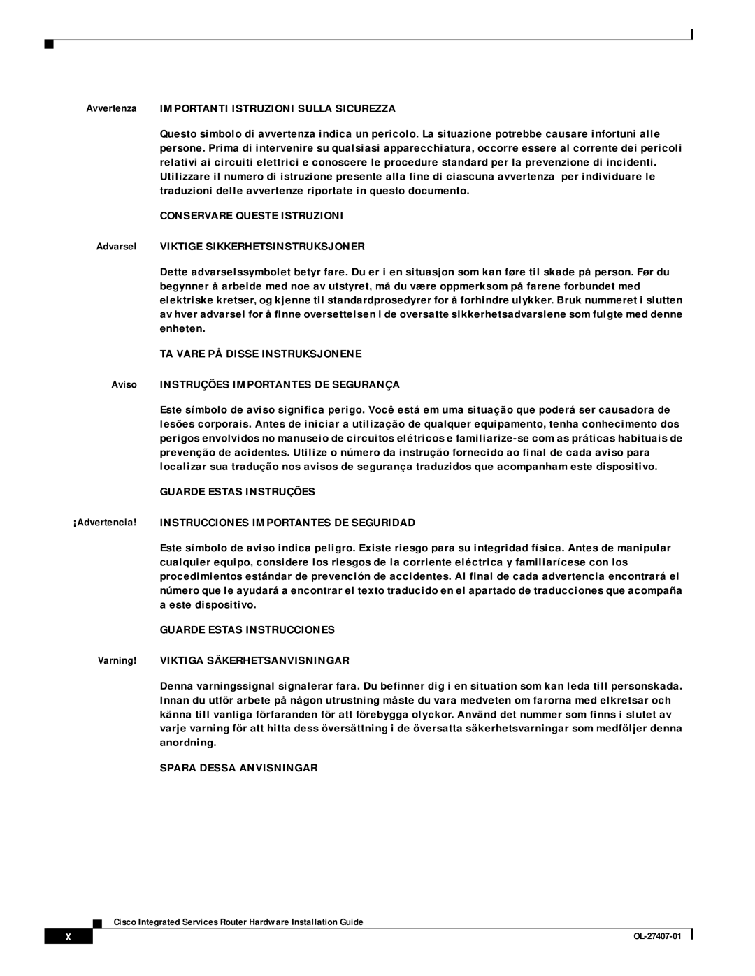 Cisco Systems OL-27407-01 Avvertenza Importanti Istruzioni Sulla Sicurezza, Aviso Instruções Importantes DE Segurança 