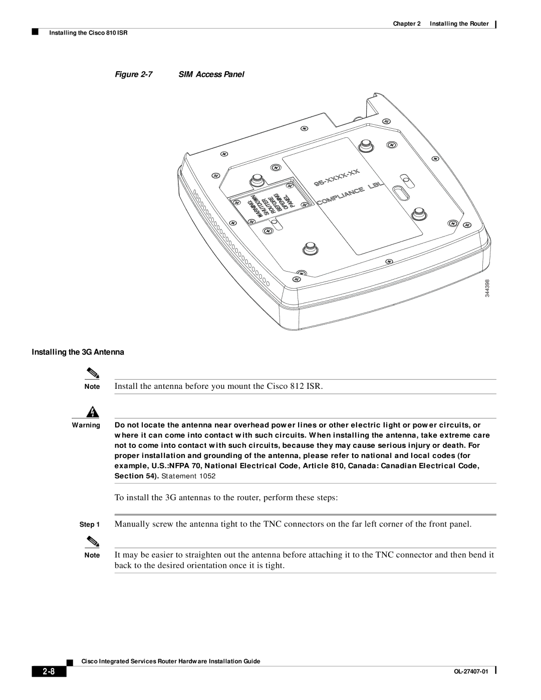 Cisco Systems OL-27407-01 manual Installing the 3G Antenna, SIM Access Panel 