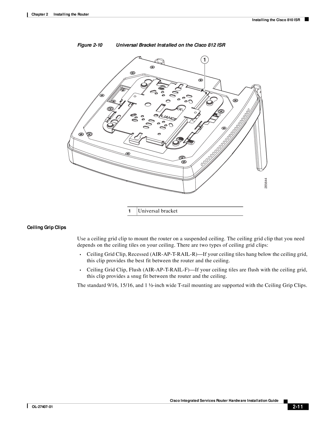 Cisco Systems OL-27407-01 manual Ceiling Grip Clips, Universal Bracket Installed on the Cisco 812 ISR 