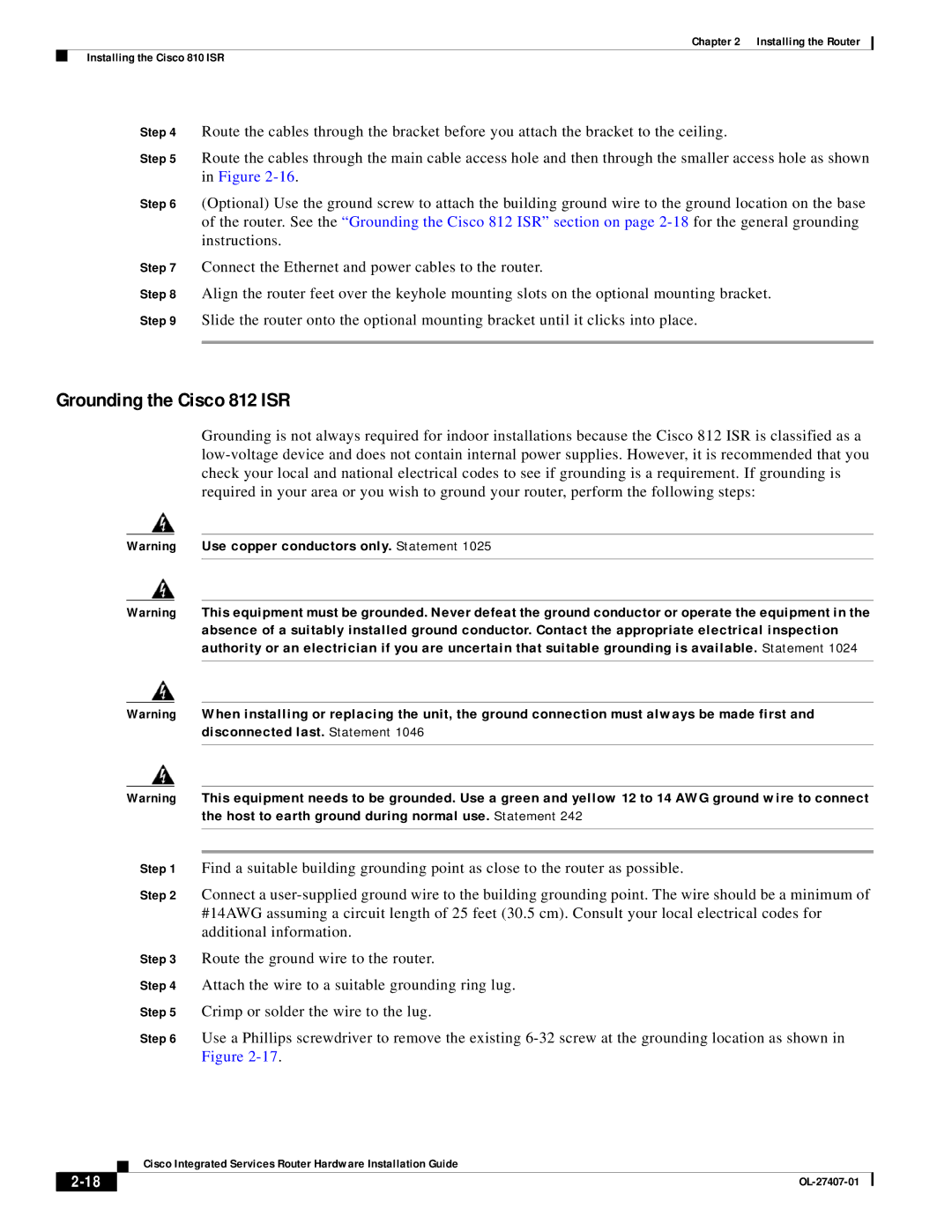 Cisco Systems OL-27407-01 manual Grounding the Cisco 812 ISR 