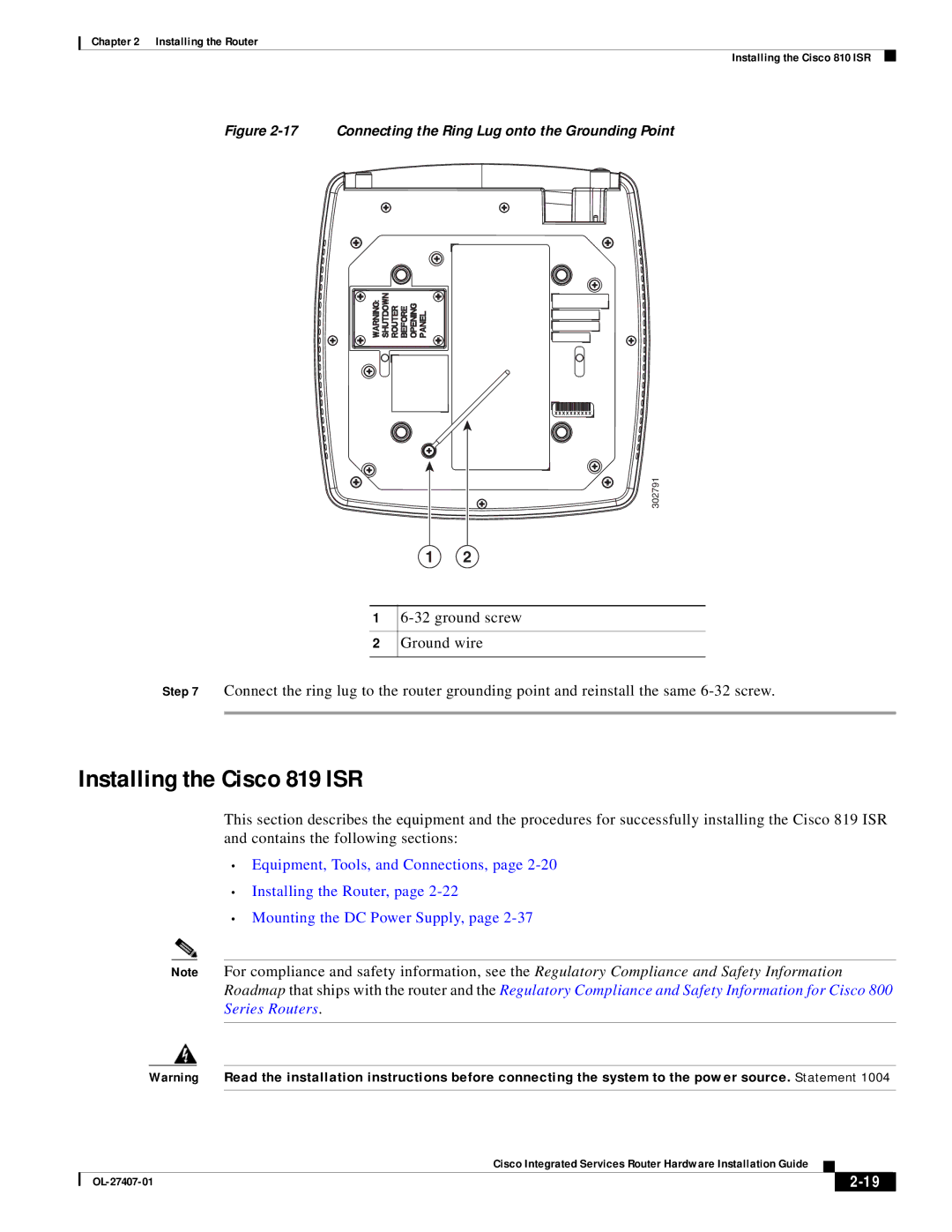 Cisco Systems OL-27407-01 manual Installing the Cisco 819 ISR, Connecting the Ring Lug onto the Grounding Point 