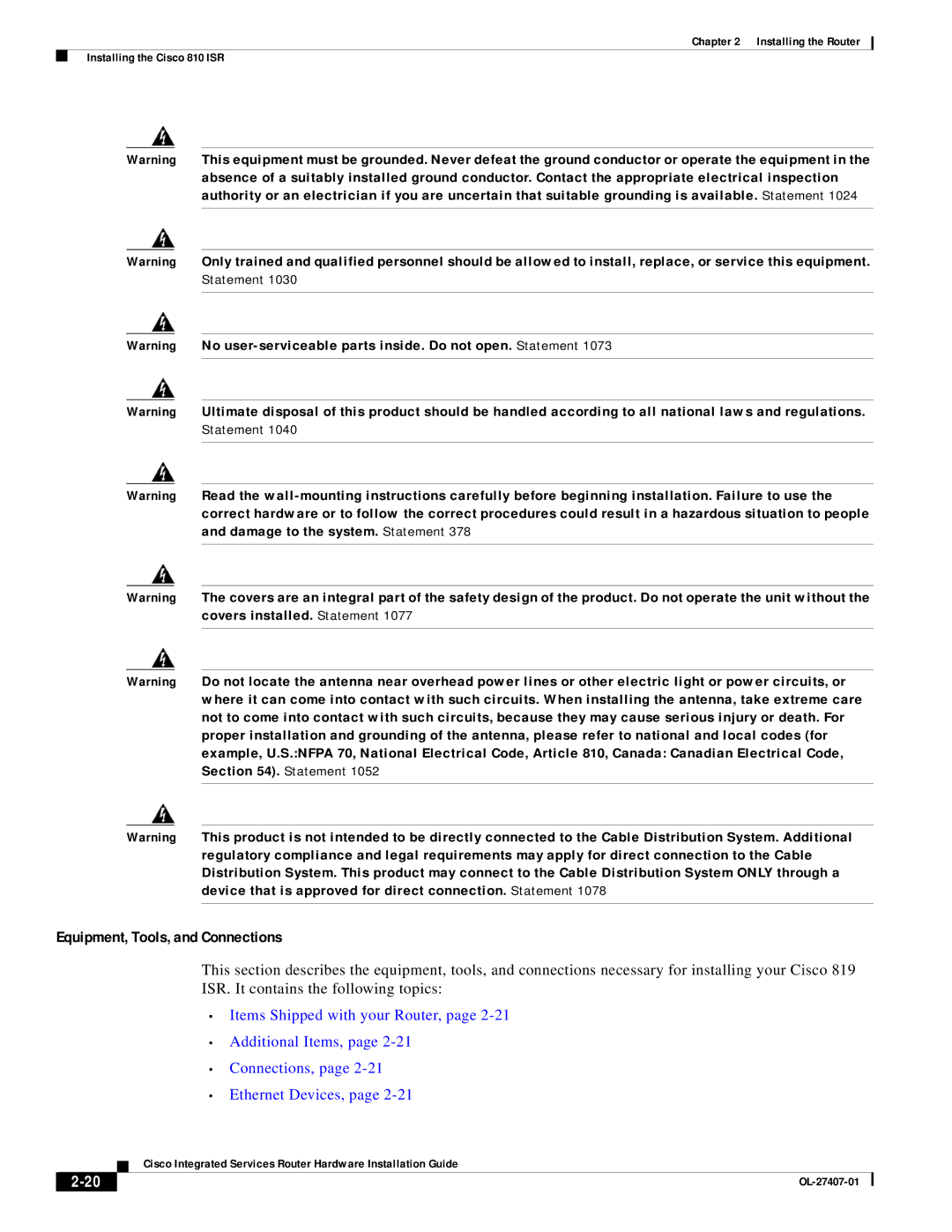 Cisco Systems OL-27407-01 manual Equipment, Tools, and Connections 