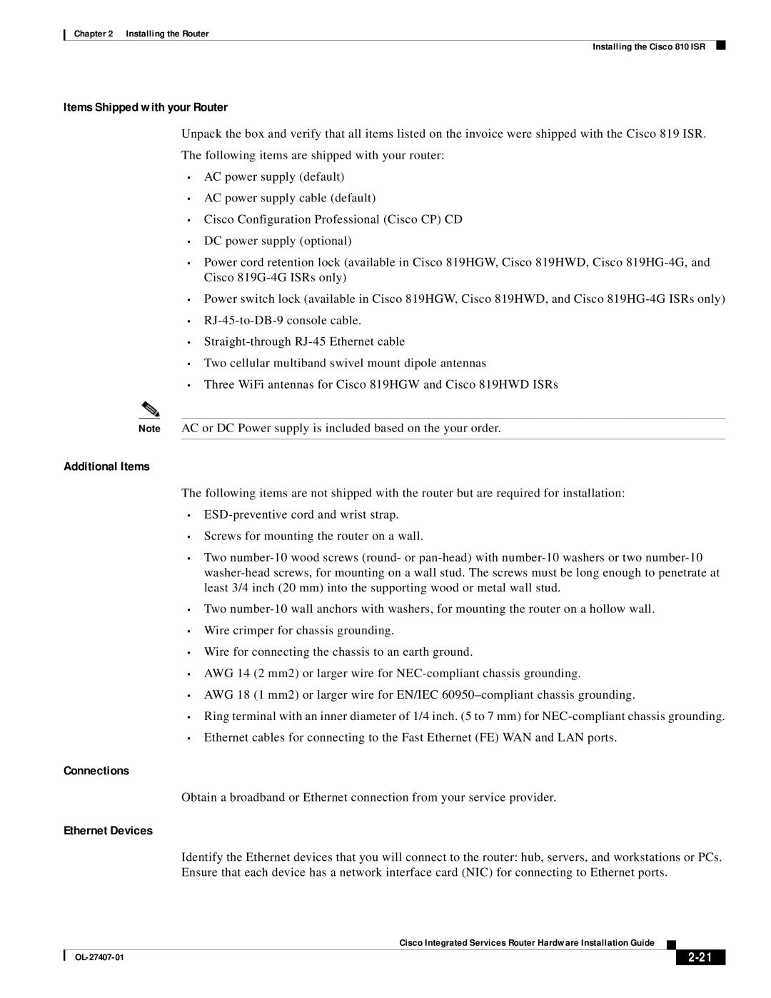 Cisco Systems OL-27407-01 manual Items Shipped with your Router, Additional Items, Connections, Ethernet Devices 