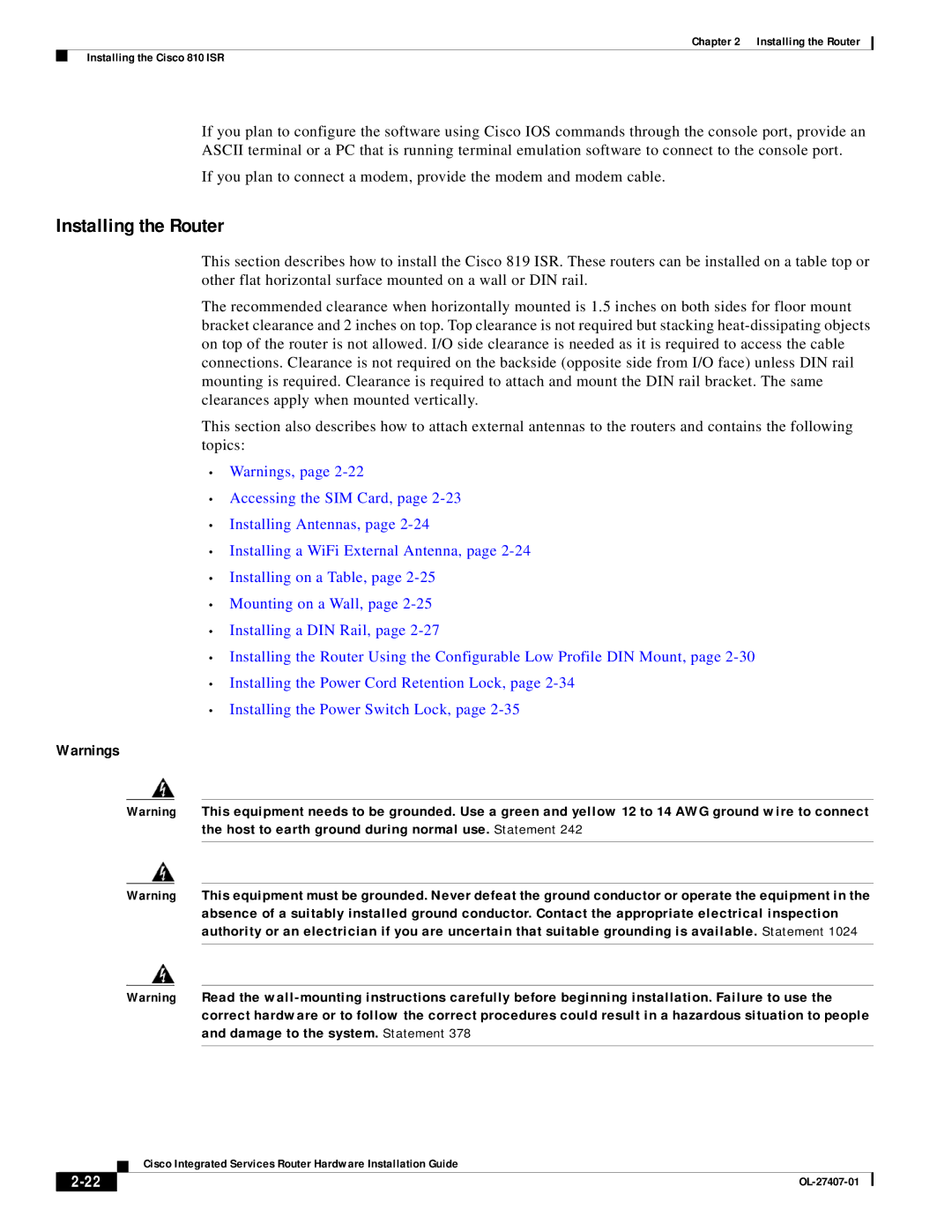 Cisco Systems OL-27407-01 manual Installing the Router 