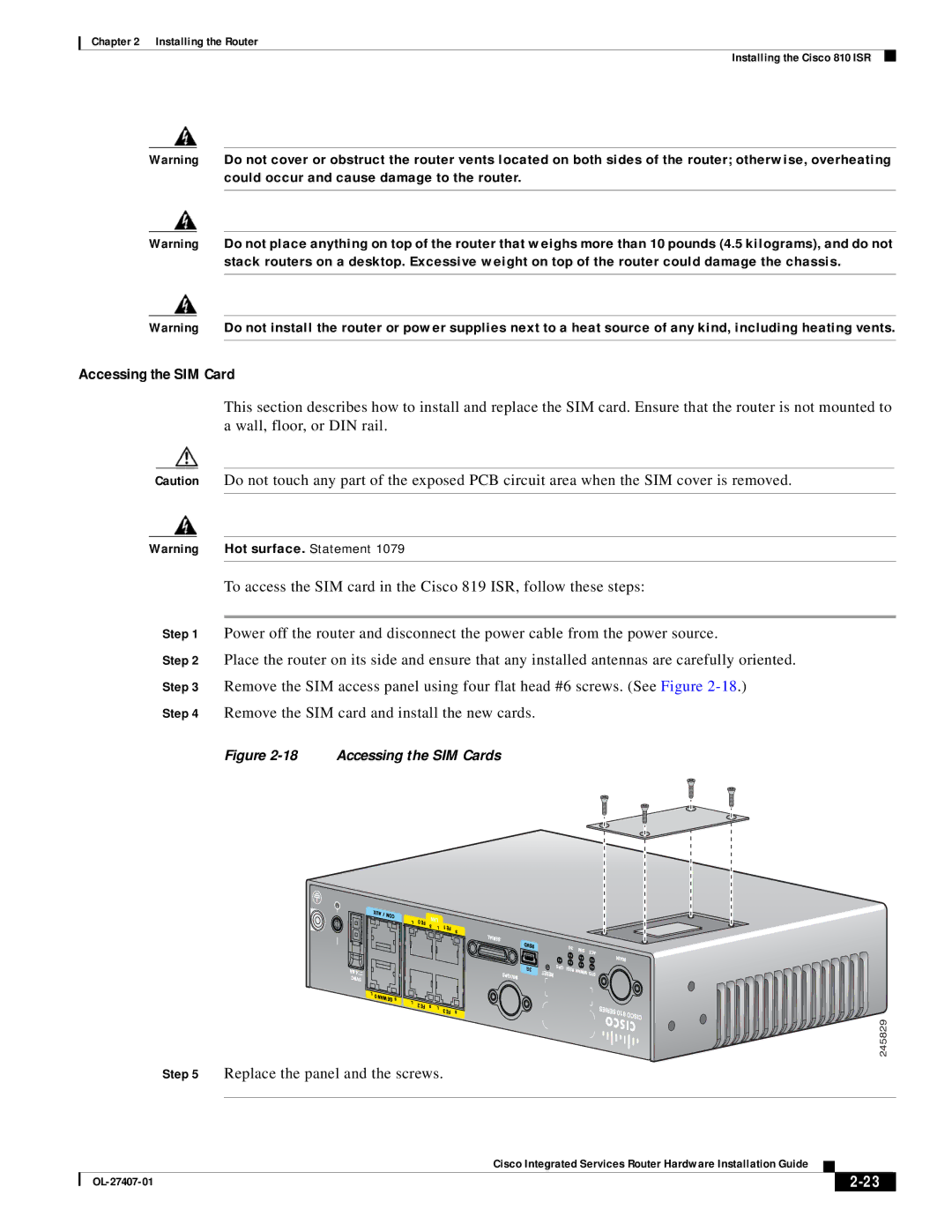 Cisco Systems OL-27407-01 manual Accessing the SIM Card, Replace the panel and the screws 