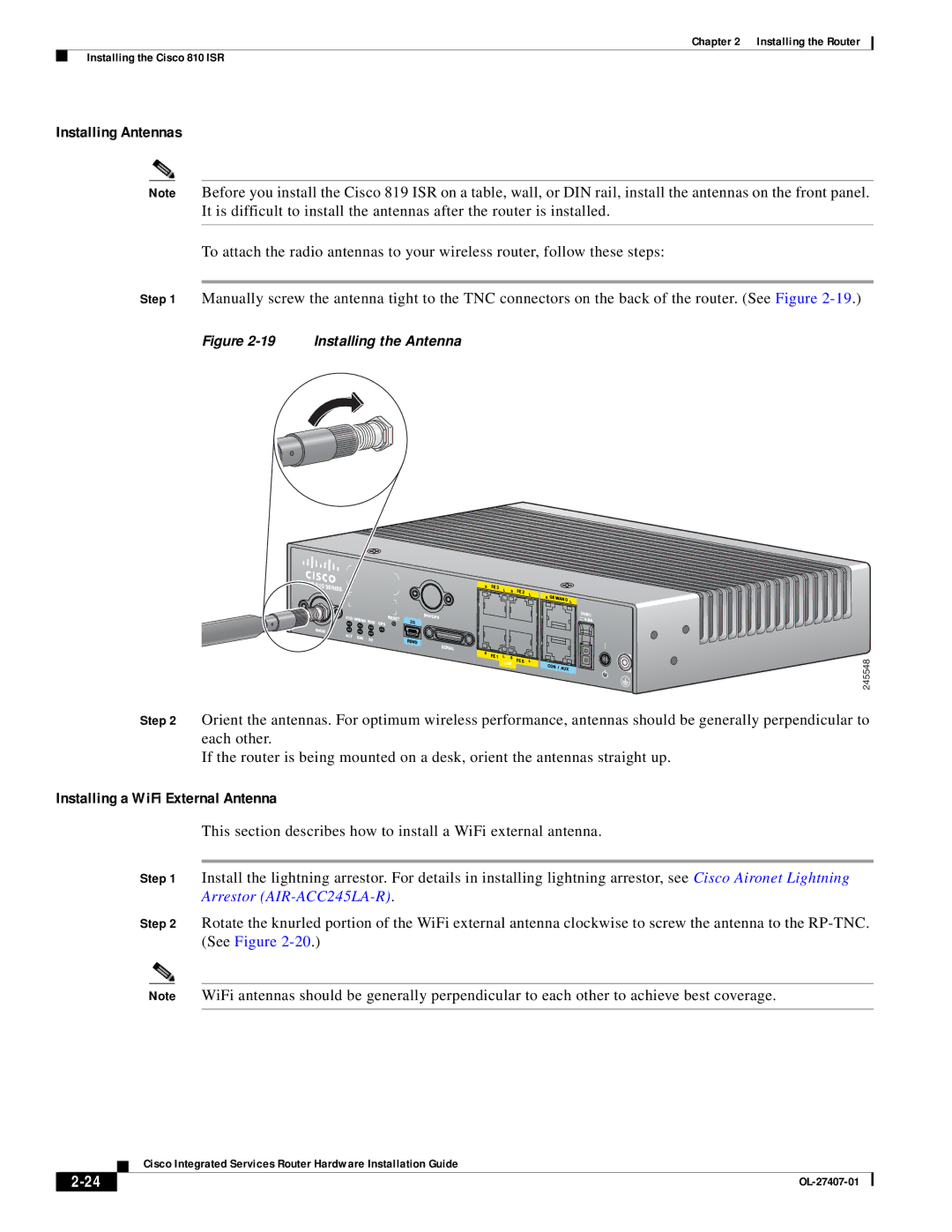 Cisco Systems OL-27407-01 manual Installing Antennas, Installing a WiFi External Antenna 