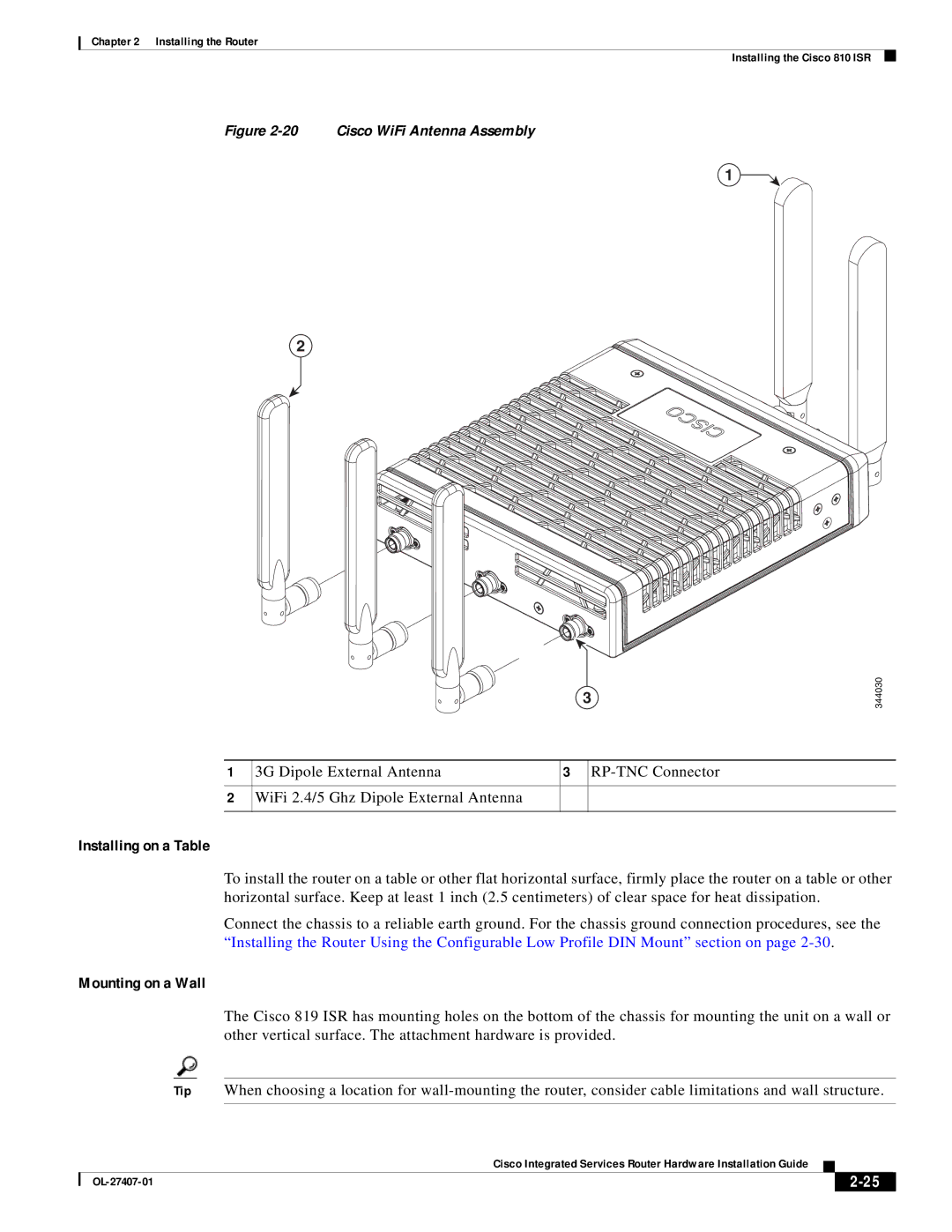 Cisco Systems OL-27407-01 manual Installing on a Table, Mounting on a Wall 