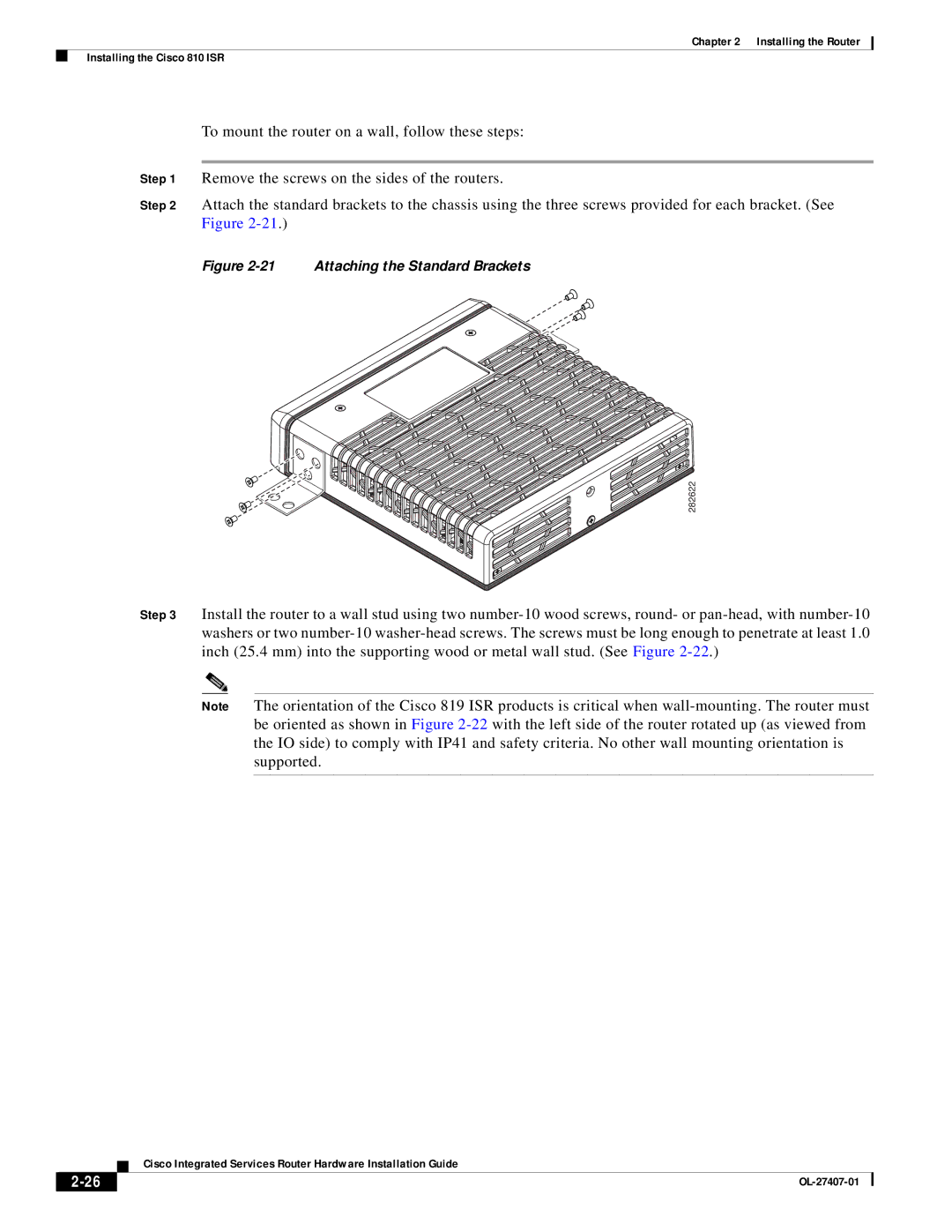 Cisco Systems OL-27407-01 manual Attaching the Standard Brackets 