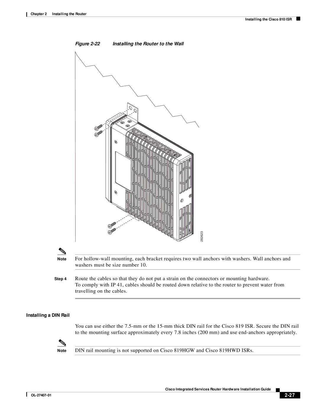 Cisco Systems OL-27407-01 manual Installing a DIN Rail, Installing the Router to the Wall 