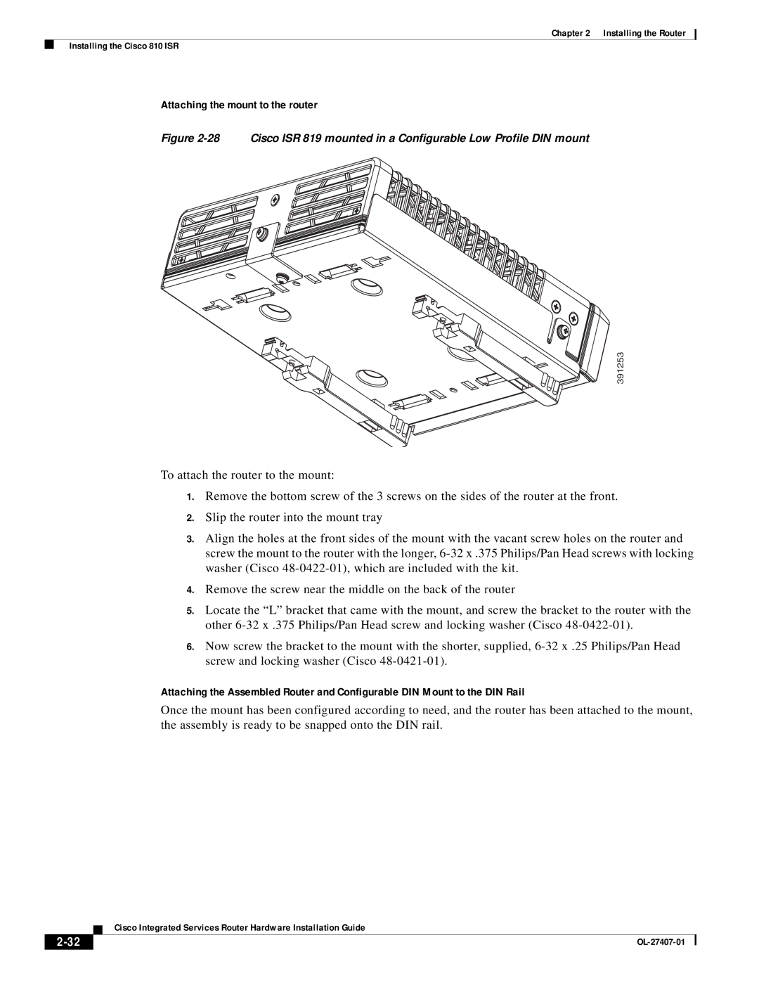 Cisco Systems OL-27407-01 manual Attaching the mount to the router 