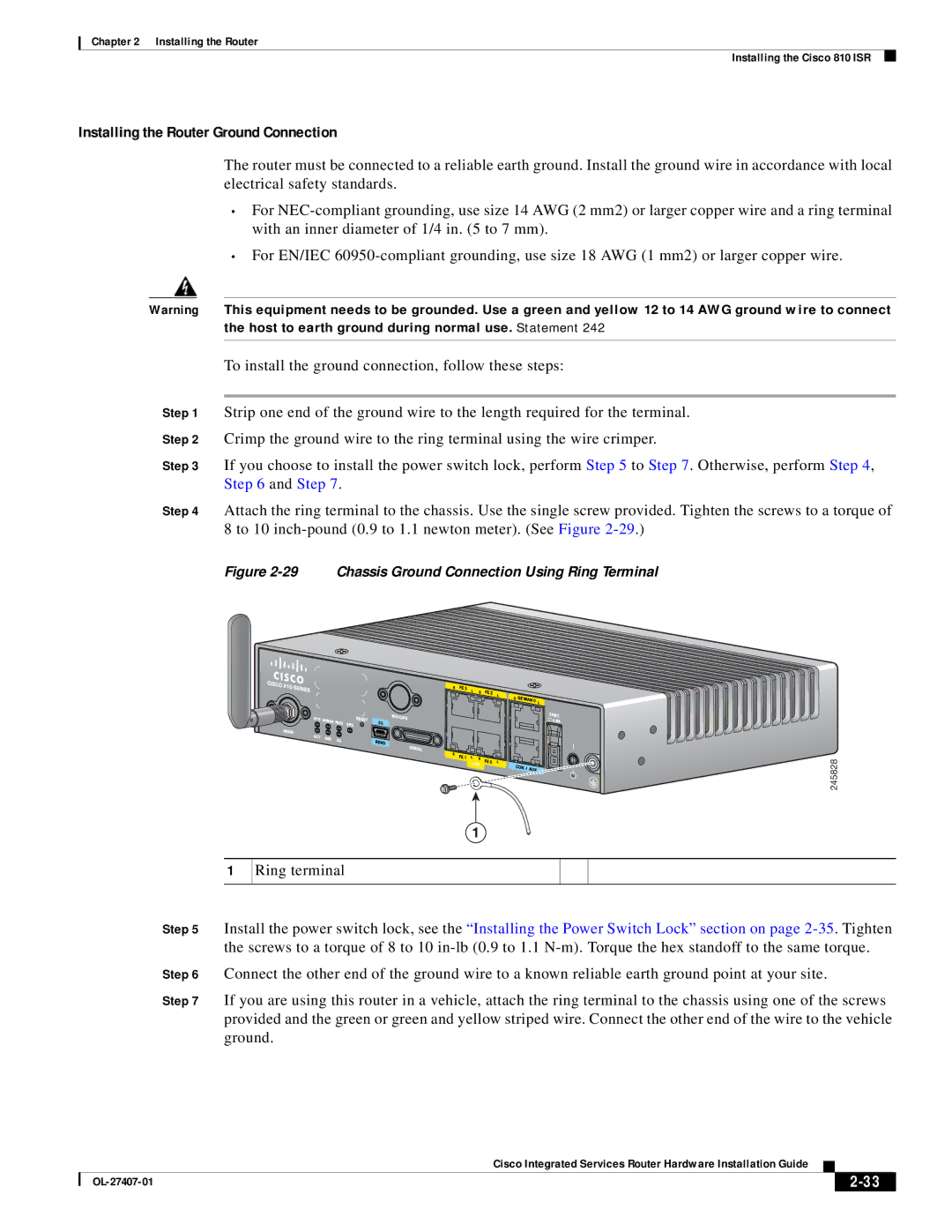 Cisco Systems OL-27407-01 manual Installing the Router Ground Connection, Ring terminal 