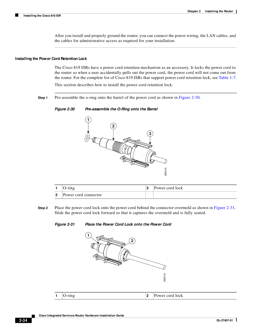 Cisco Systems OL-27407-01 manual Installing the Power Cord Retention Lock, Ring Power cord lock 