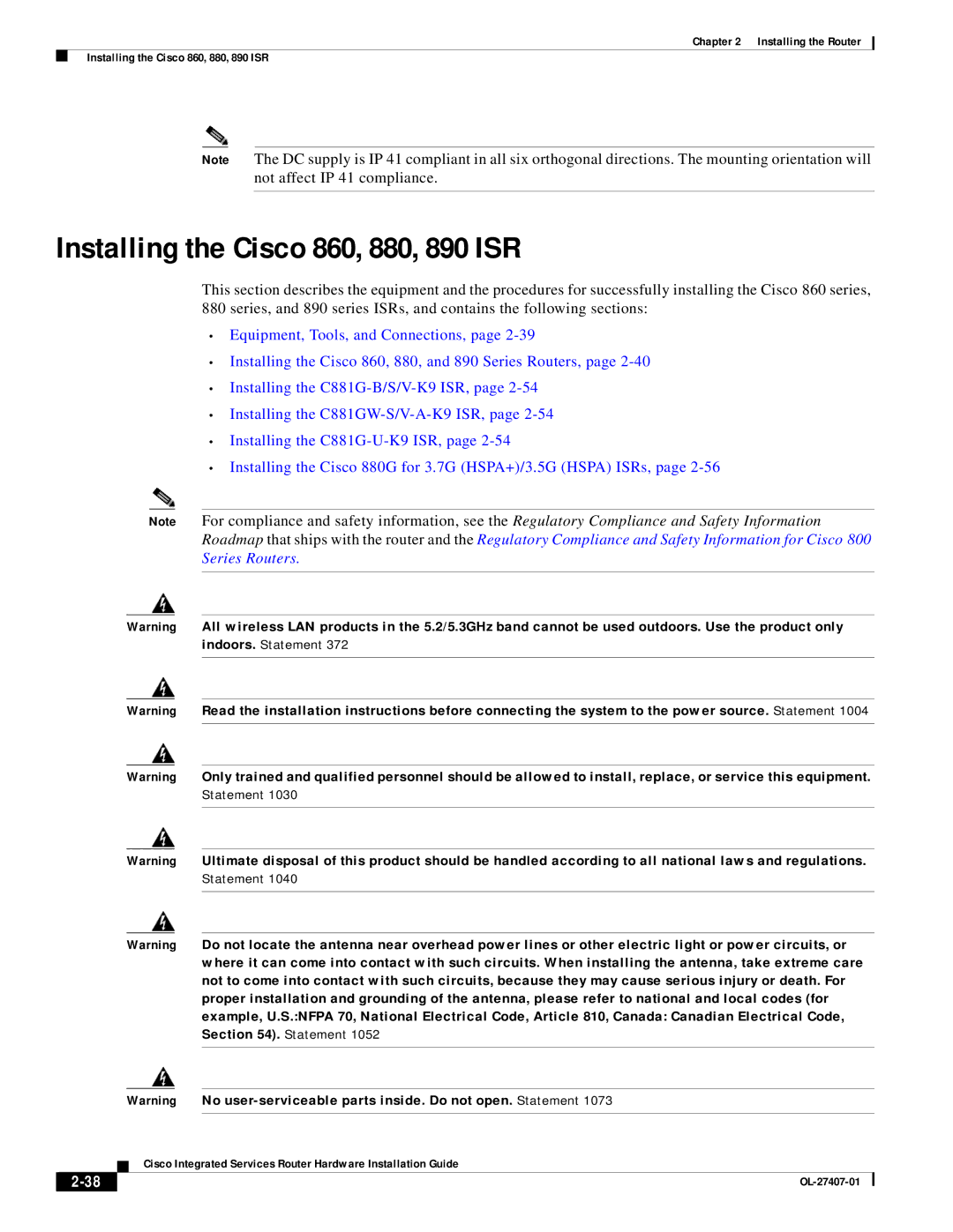 Cisco Systems OL-27407-01 manual Indoors. Statement, No user-serviceable parts inside. Do not open. Statement 