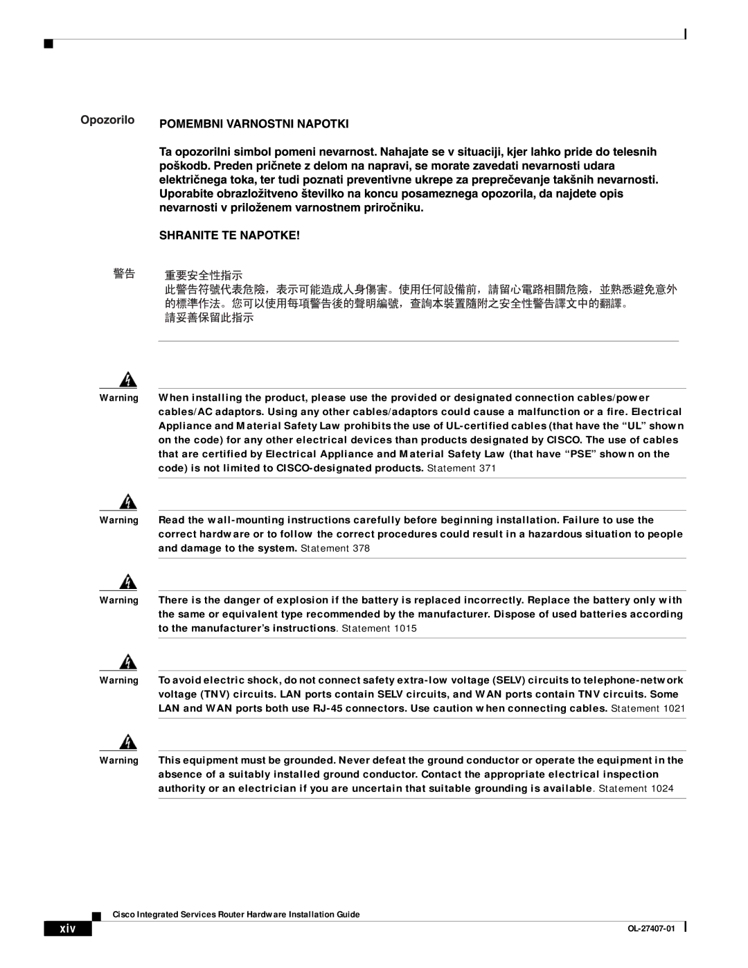 Cisco Systems OL-27407-01 manual Xiv 