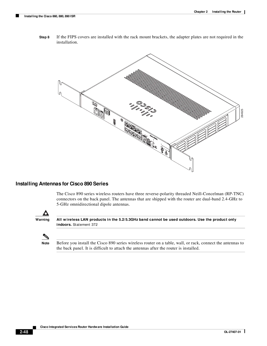 Cisco Systems OL-27407-01 manual Installing Antennas for Cisco 890 Series 