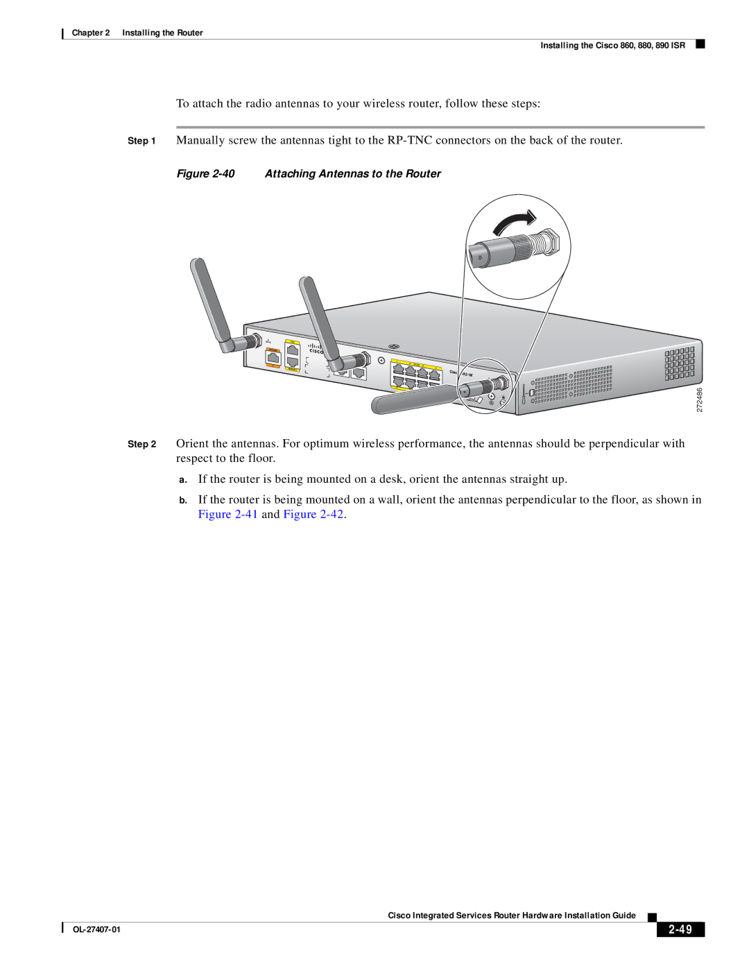 Cisco Systems OL-27407-01 manual Attaching Antennas to the Router 