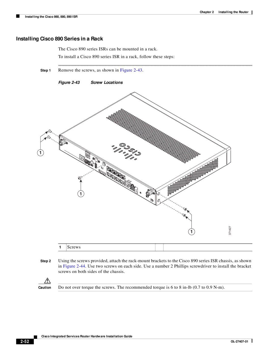 Cisco Systems OL-27407-01 manual Installing Cisco 890 Series in a Rack, Screws 