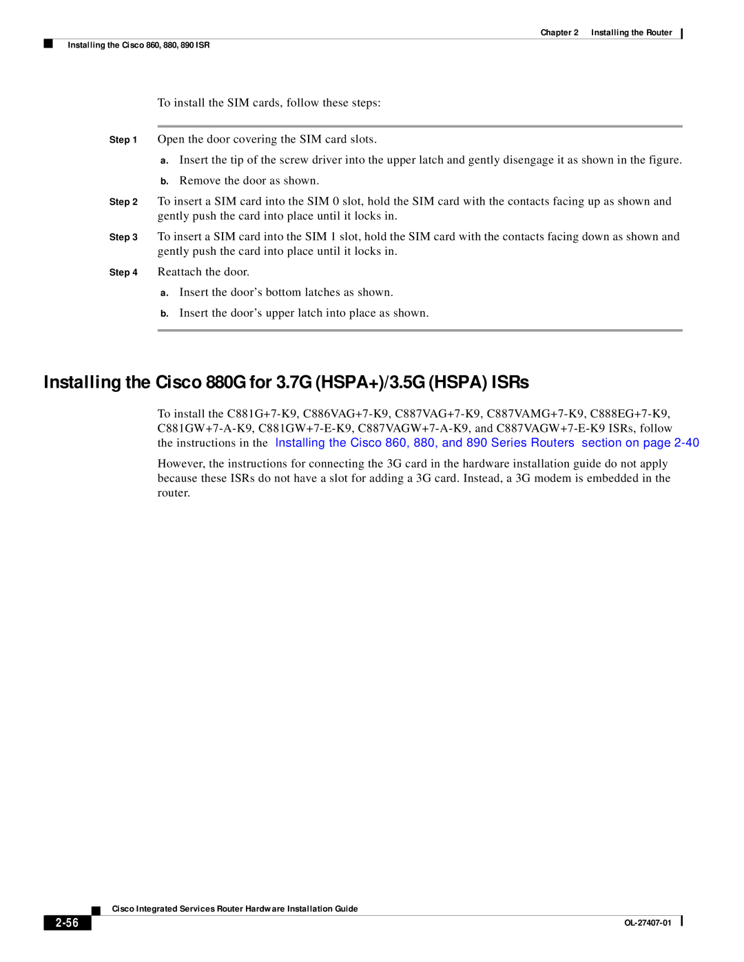 Cisco Systems OL-27407-01 manual Installing the Cisco 880G for 3.7G HSPA+/3.5G Hspa ISRs 