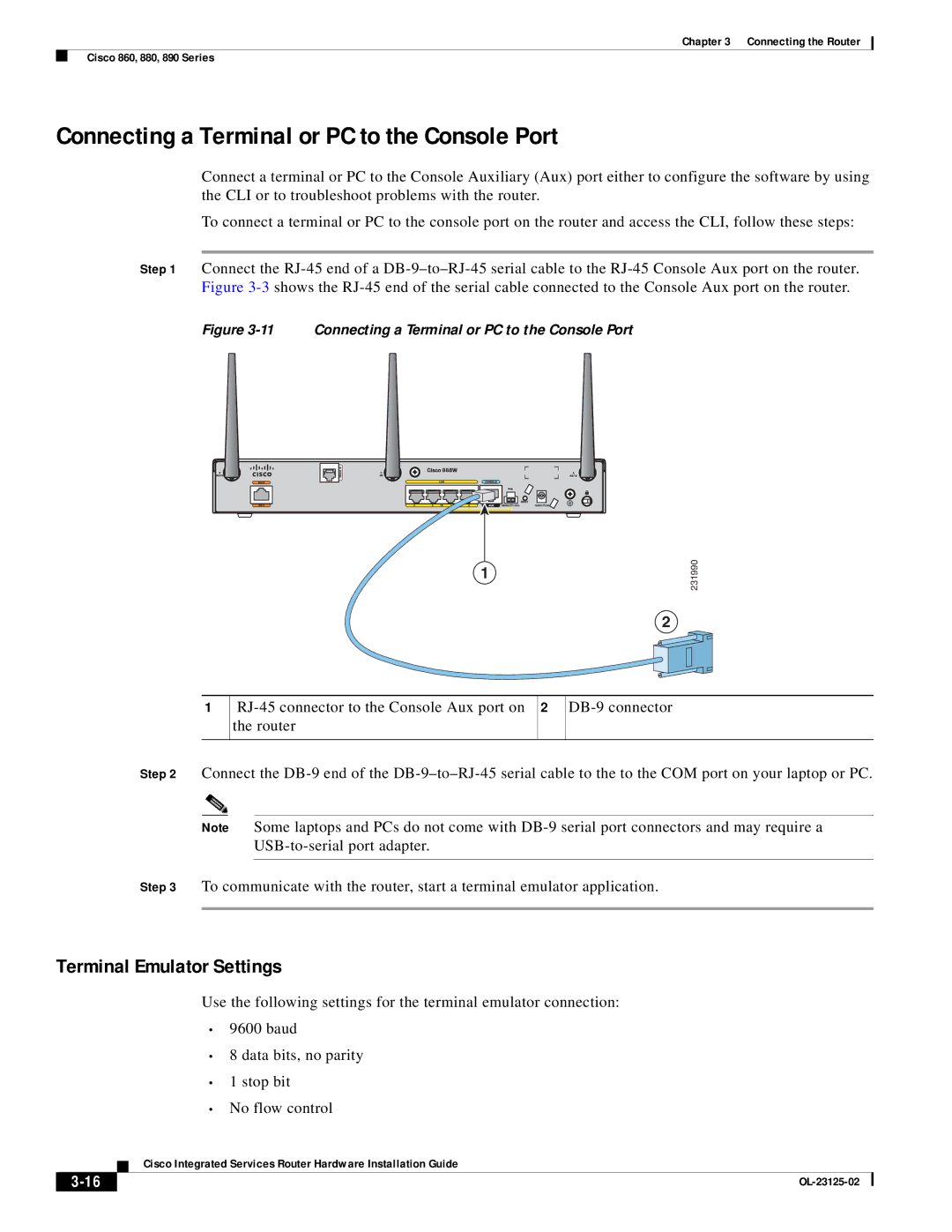 Cisco Systems OL-27407-01 manual Connecting a Terminal or PC to the Console Port, Terminal Emulator Settings 