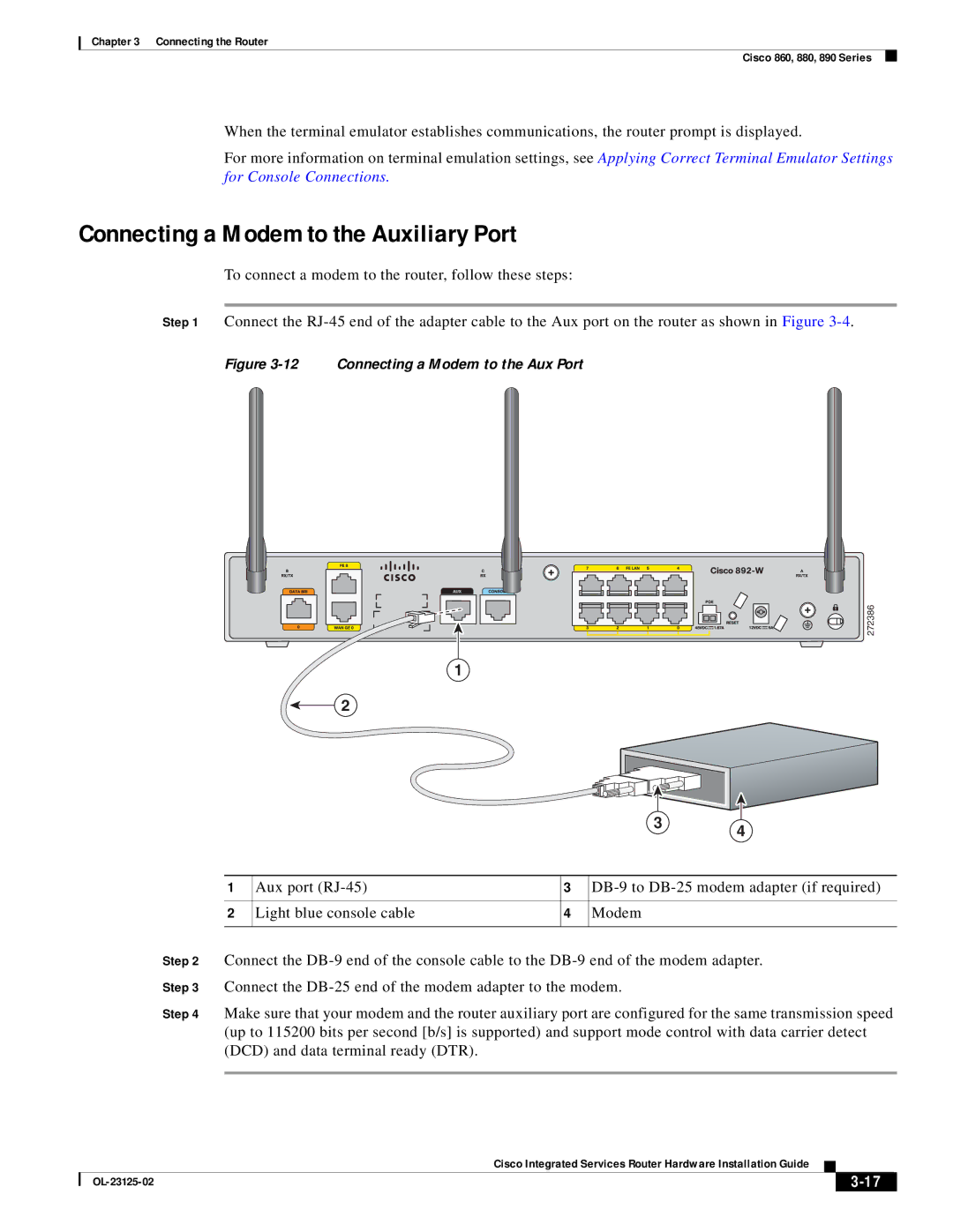 Cisco Systems OL-27407-01 manual Connecting a Modem to the Auxiliary Port, Connecting a Modem to the Aux Port 