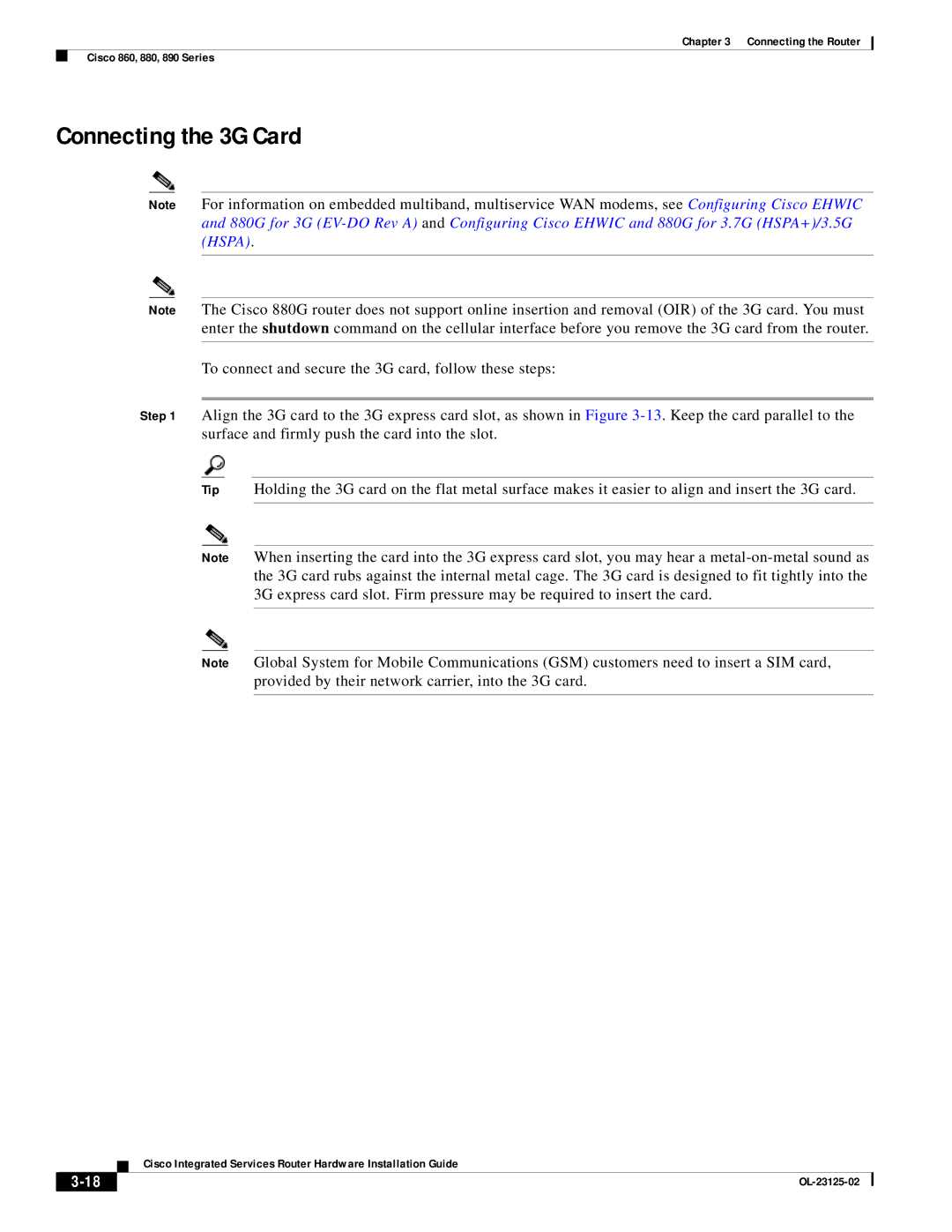 Cisco Systems OL-27407-01 manual Connecting the 3G Card 