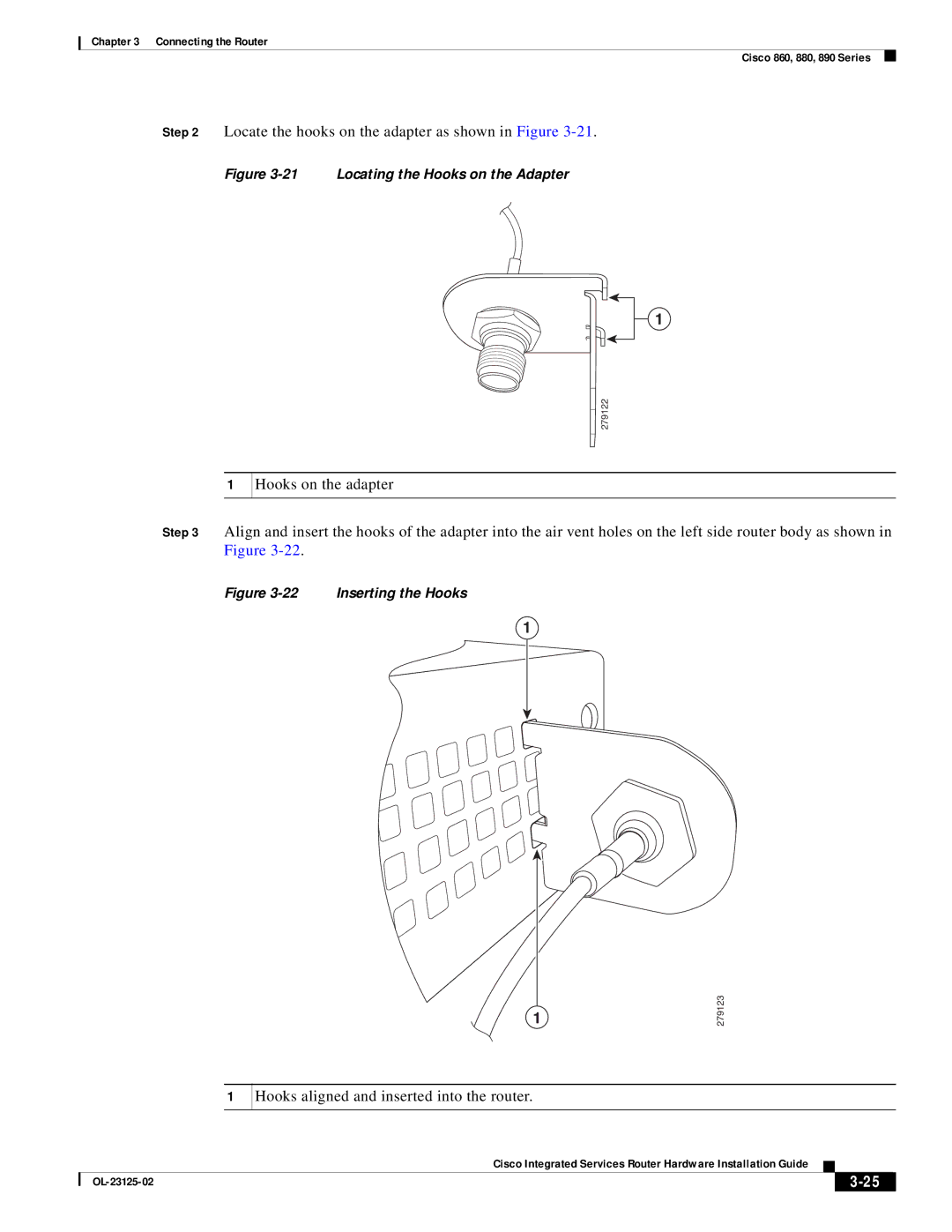 Cisco Systems OL-27407-01 Locate the hooks on the adapter as shown in Figure, Hooks aligned and inserted into the router 