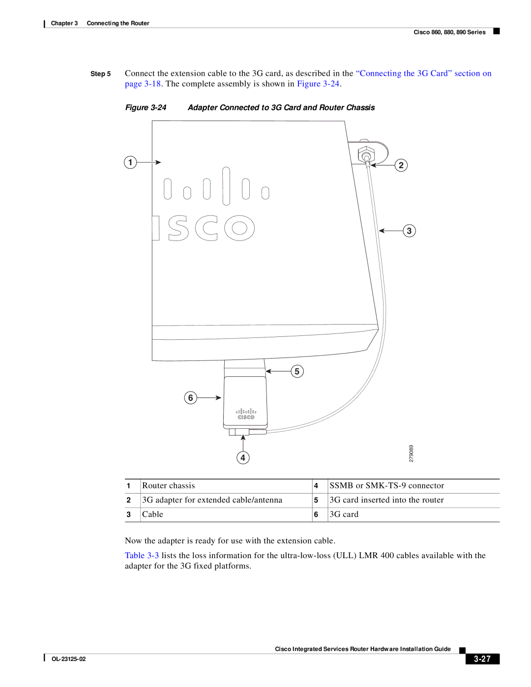 Cisco Systems OL-27407-01 manual Adapter Connected to 3G Card and Router Chassis 