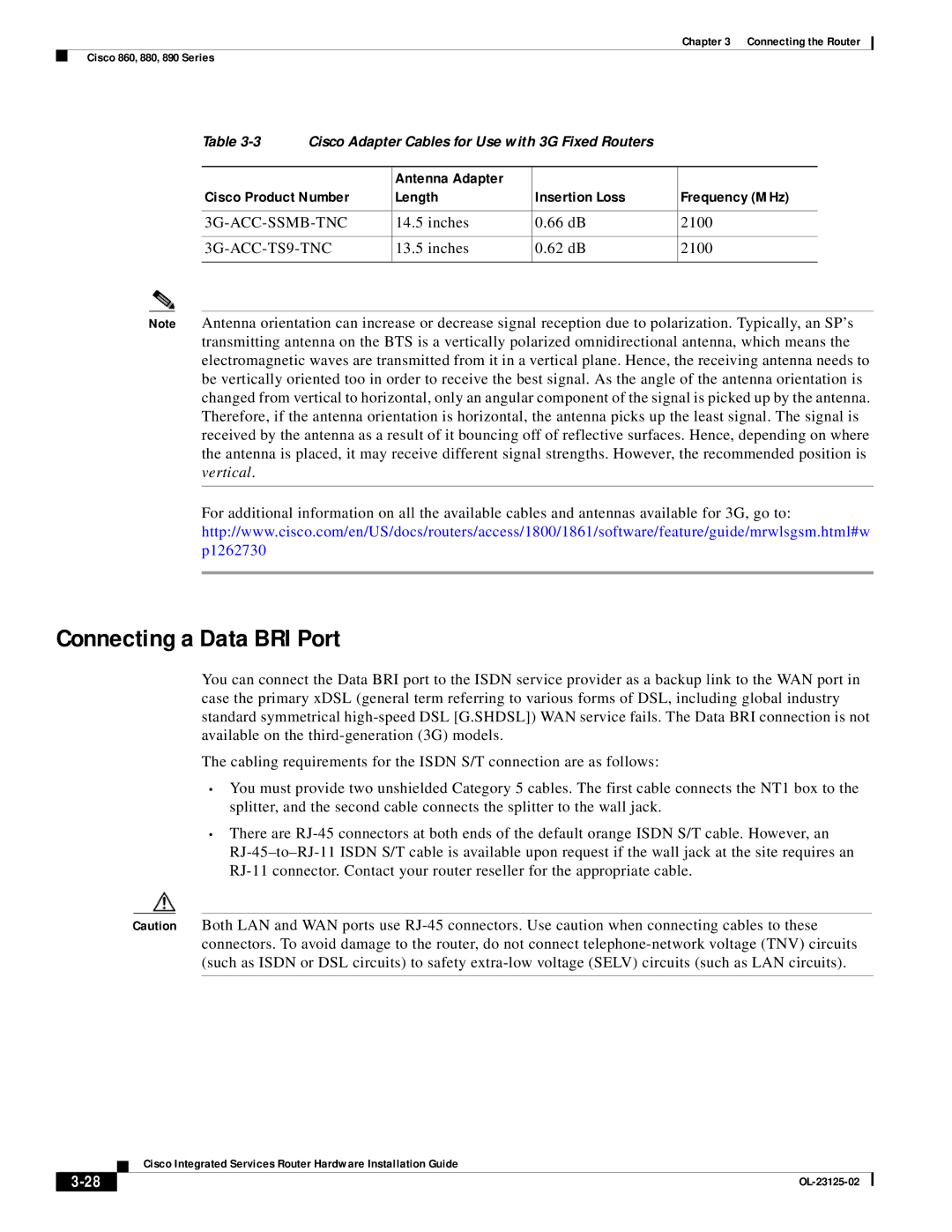 Cisco Systems OL-27407-01 manual Connecting a Data BRI Port, Inches 66 dB 2100, 3G-ACC-TS9-TNC, Inches 62 dB 2100 