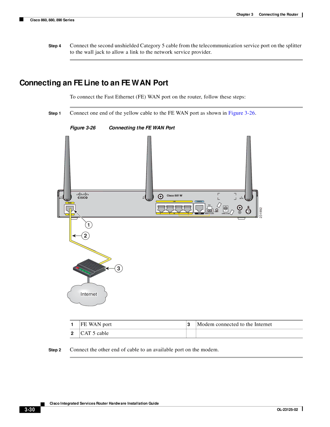 Cisco Systems OL-27407-01 manual Connecting an FE Line to an FE WAN Port, Connecting the FE WAN Port 