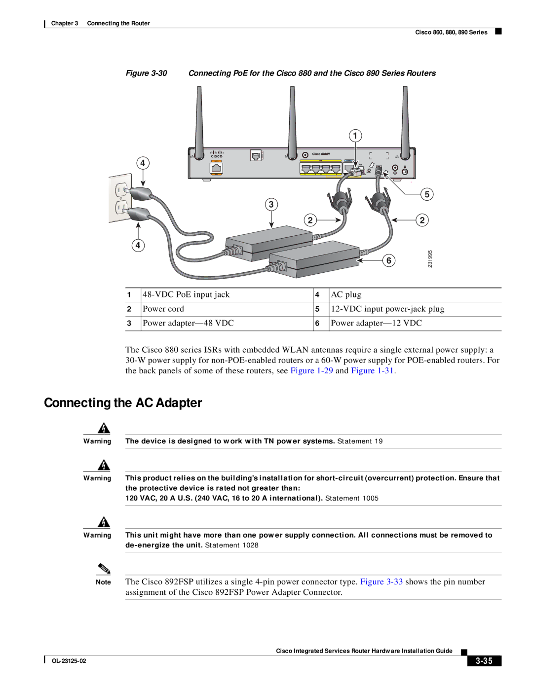 Cisco Systems OL-27407-01 manual Connecting the AC Adapter, 120 VAC, 20 a U.S VAC, 16 to 20 a international. Statement 