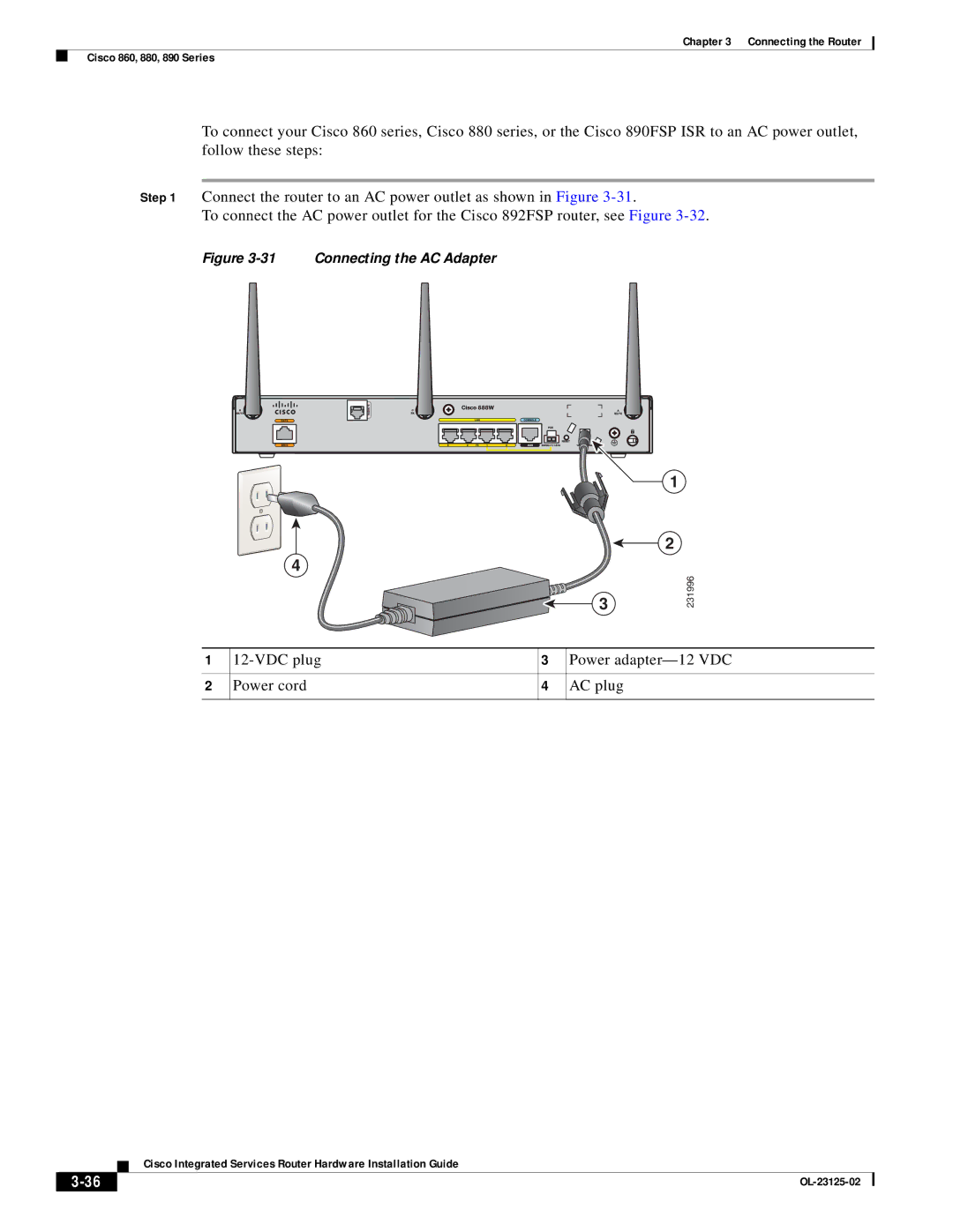 Cisco Systems OL-27407-01 manual VDC plug Power adapter-12 VDC Power cord AC plug, Connecting the AC Adapter 