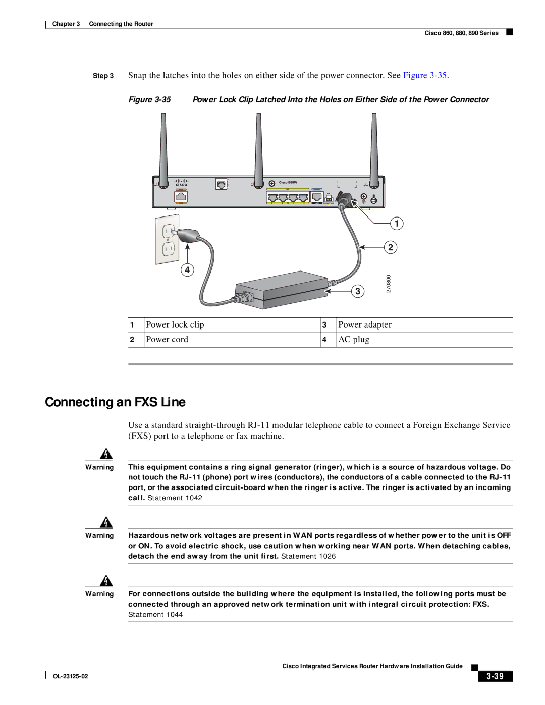 Cisco Systems OL-27407-01 manual Connecting an FXS Line, Power lock clip Power adapter Power cord AC plug 