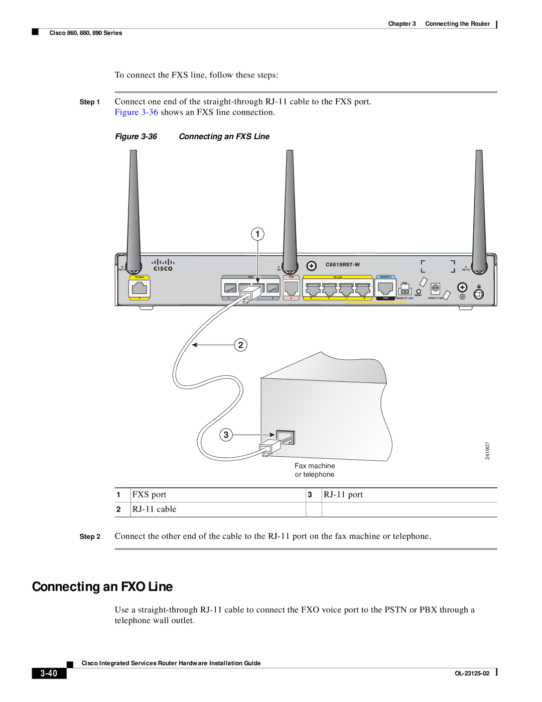 Cisco Systems OL-27407-01 manual Connecting an FXO Line, 36shows an FXS line connection 