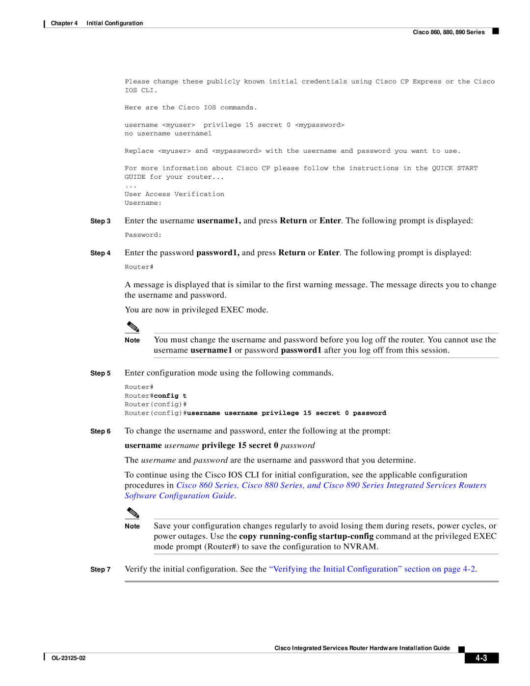 Cisco Systems OL-27407-01 manual Username username privilege 15 secret 0 password 