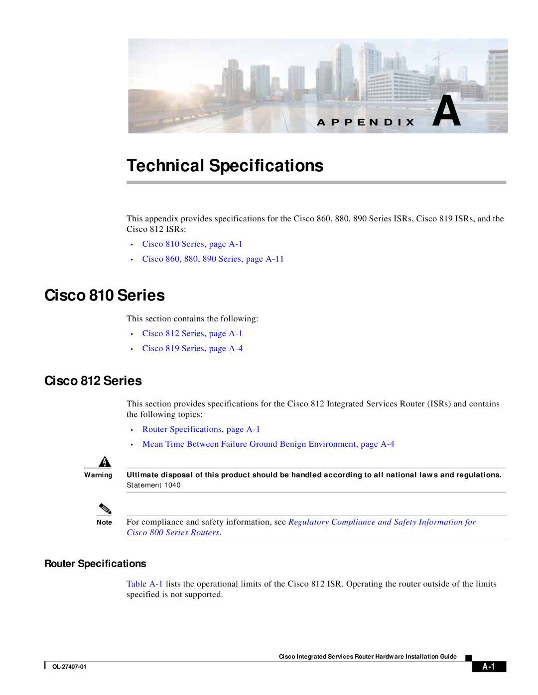 Cisco Systems OL-27407-01 manual Technical Specifications, Router Specifications 