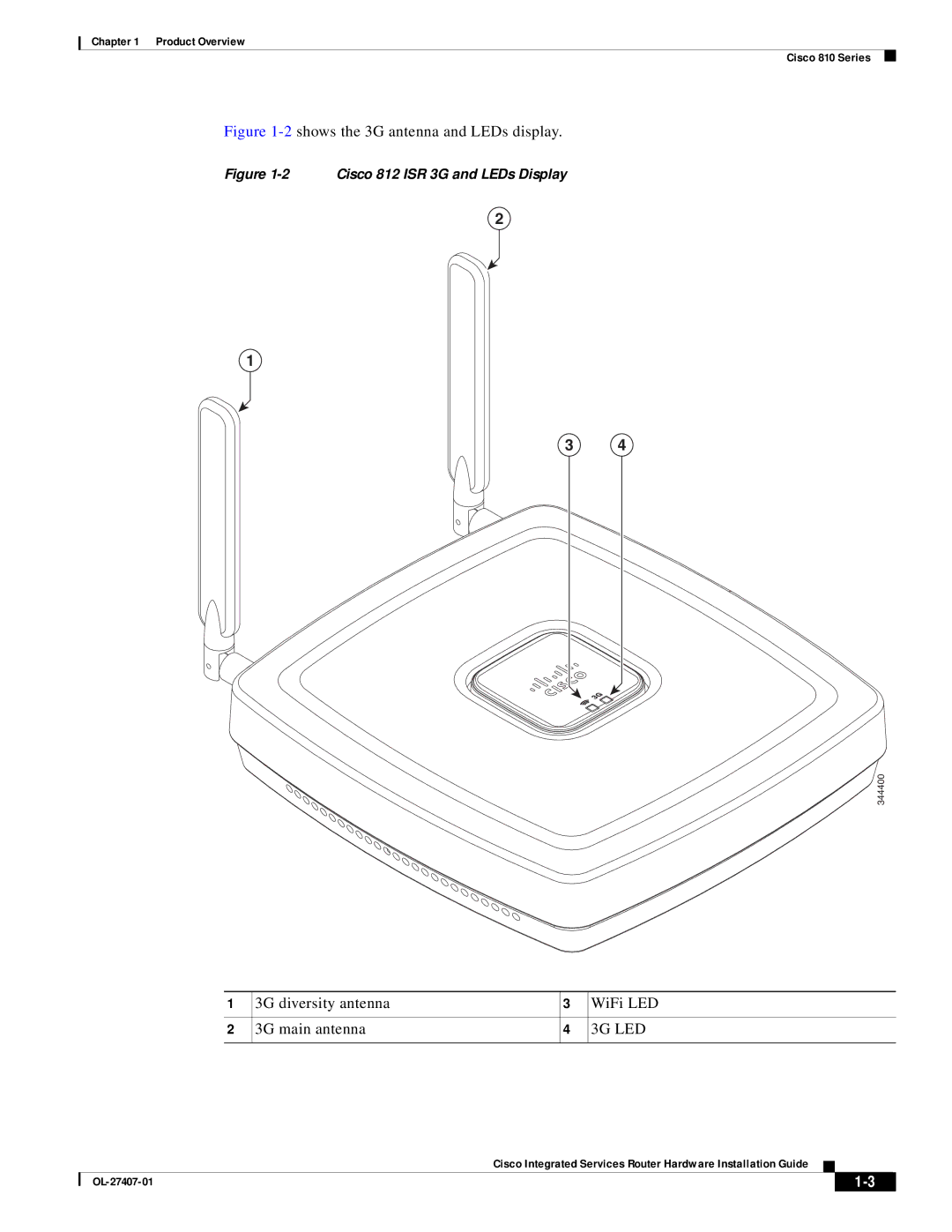 Cisco Systems OL-27407-01 manual 3G diversity antenna WiFi LED 3G main antenna, 3G LED 