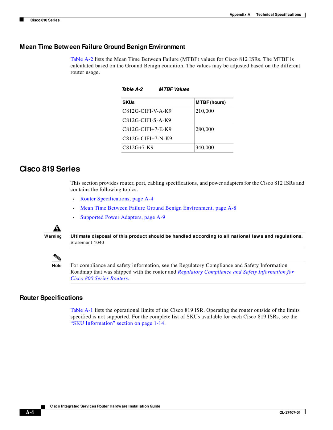 Cisco Systems OL-27407-01 manual Mean Time Between Failure Ground Benign Environment, SKUs Mtbf hours 