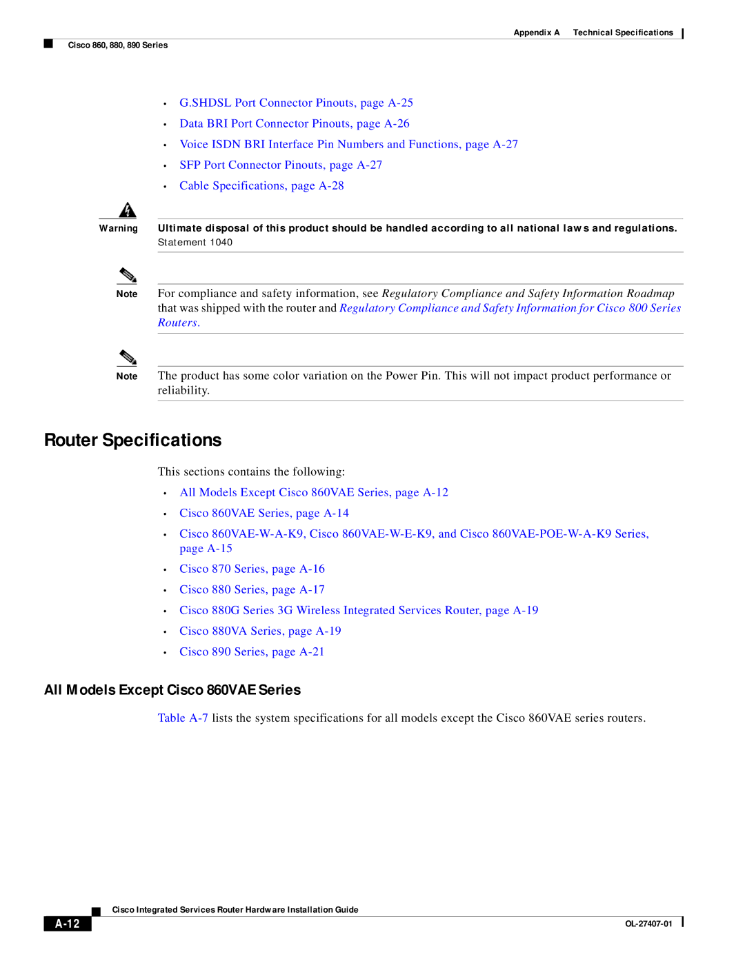 Cisco Systems OL-27407-01 manual Router Specifications, All Models Except Cisco 860VAE Series 