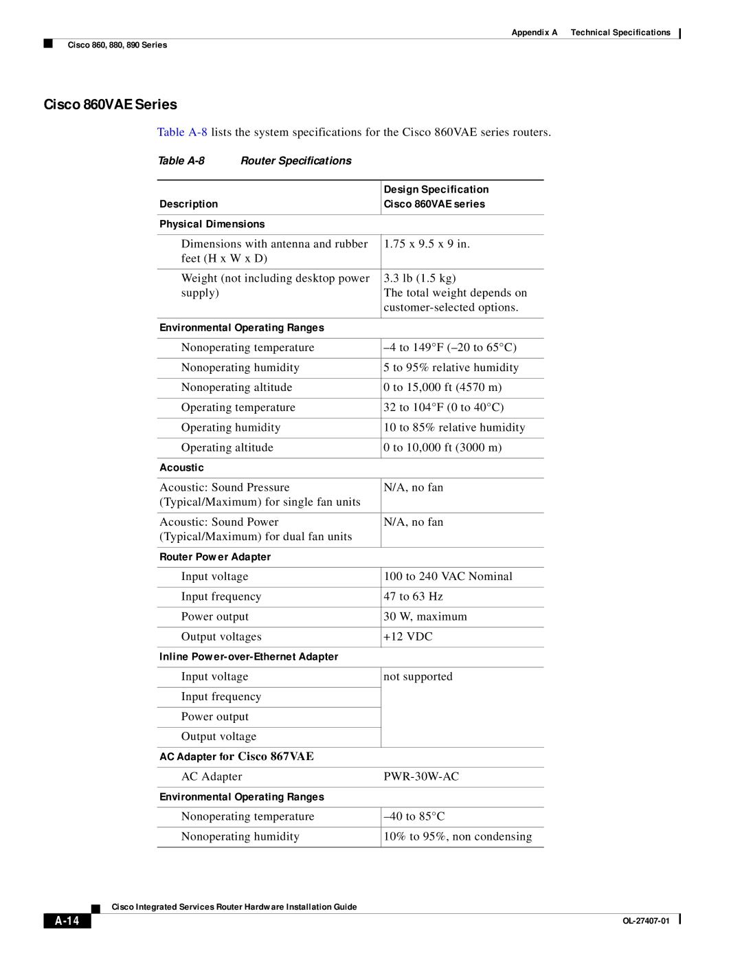 Cisco Systems OL-27407-01 manual Cisco 860VAE Series, AC Adapter, PWR-30W-AC 