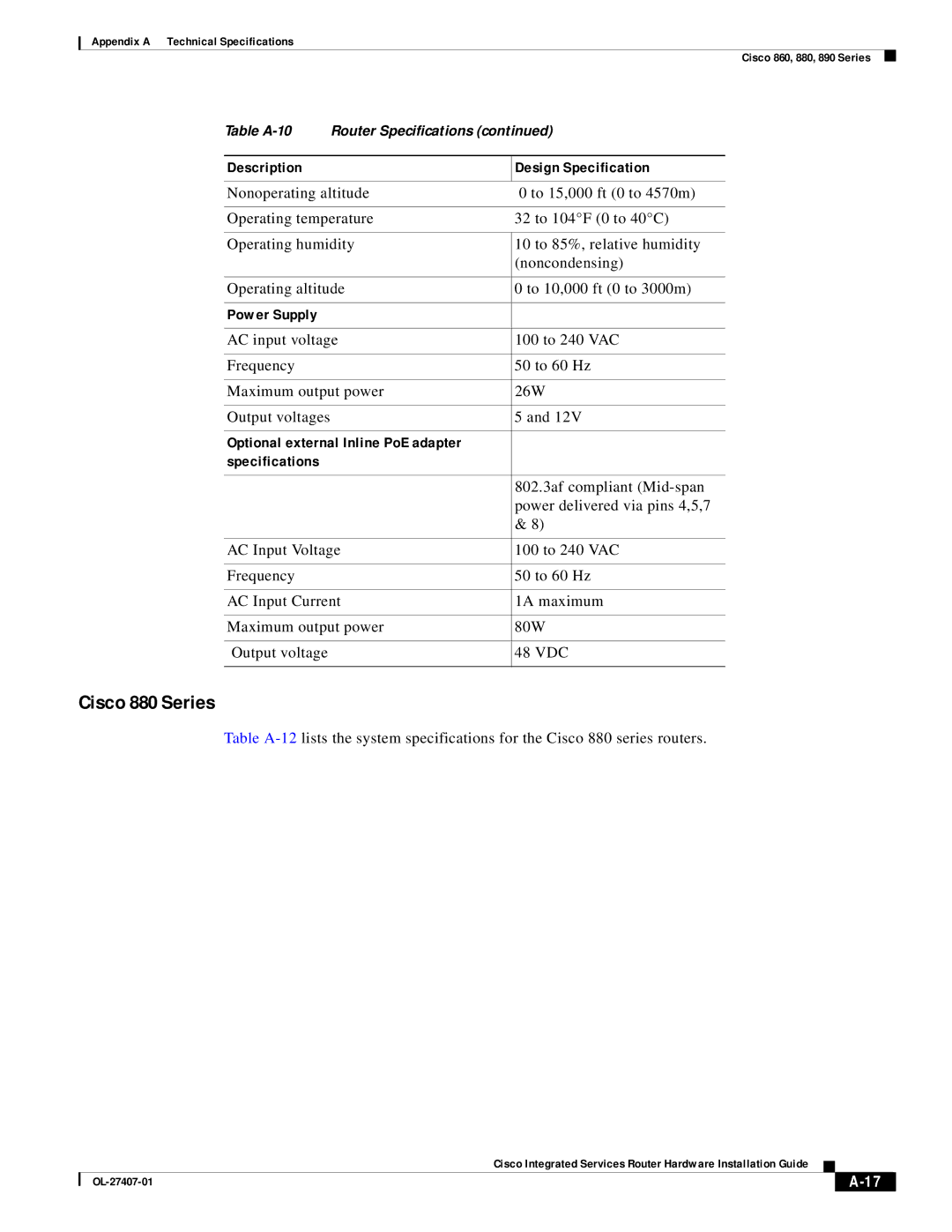 Cisco Systems OL-27407-01 manual Cisco 880 Series, Description Design Specification, 802.3af compliant Mid-span 