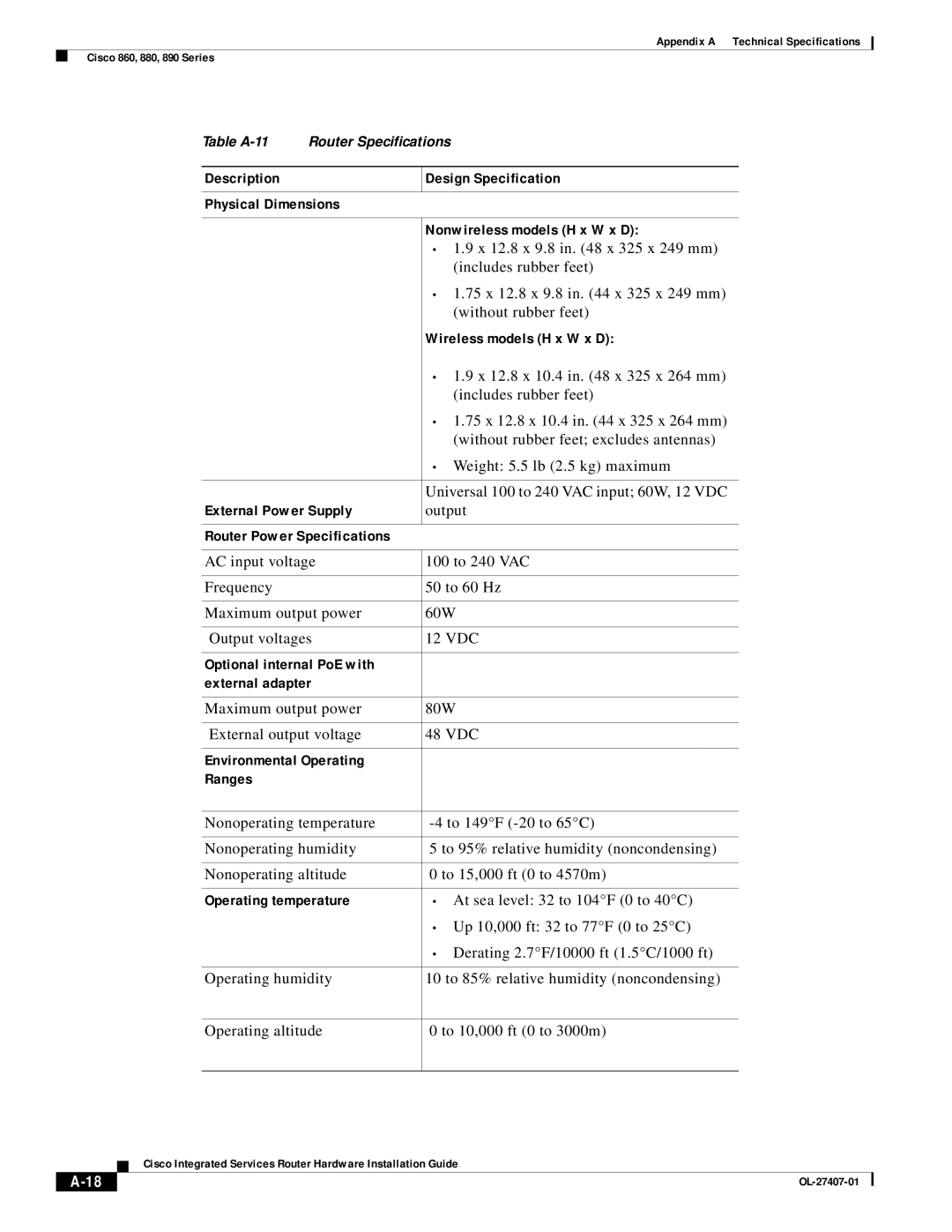 Cisco Systems OL-27407-01 manual Wireless models H x W x D, External Power Supply, Router Power Specifications 